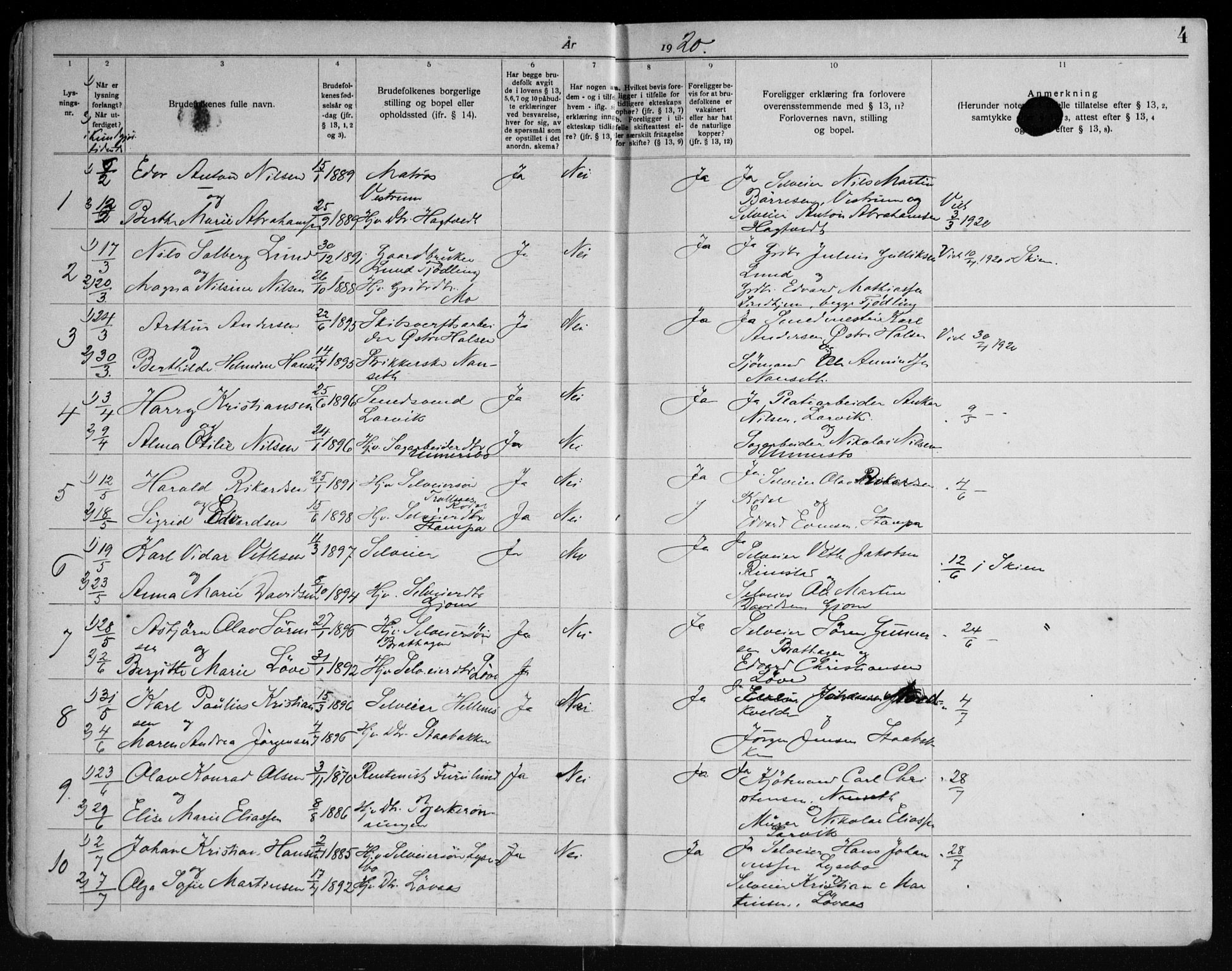 Hedrum kirkebøker, AV/SAKO-A-344/H/Ha/L0001: Banns register no. 1, 1919-1949, p. 4