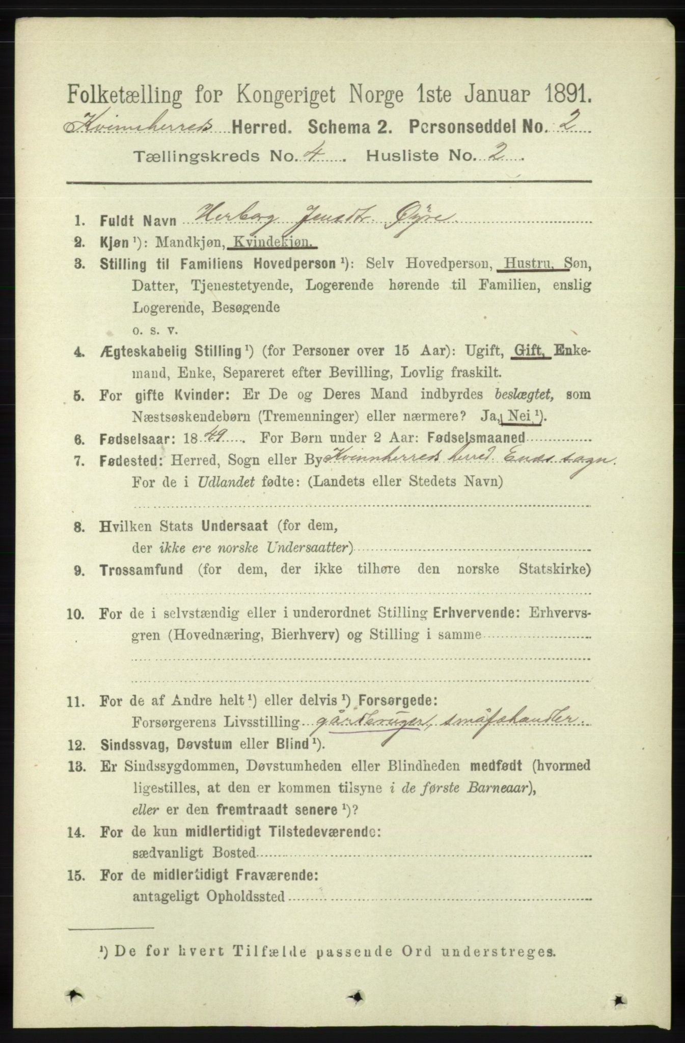 RA, 1891 census for 1224 Kvinnherad, 1891, p. 1389