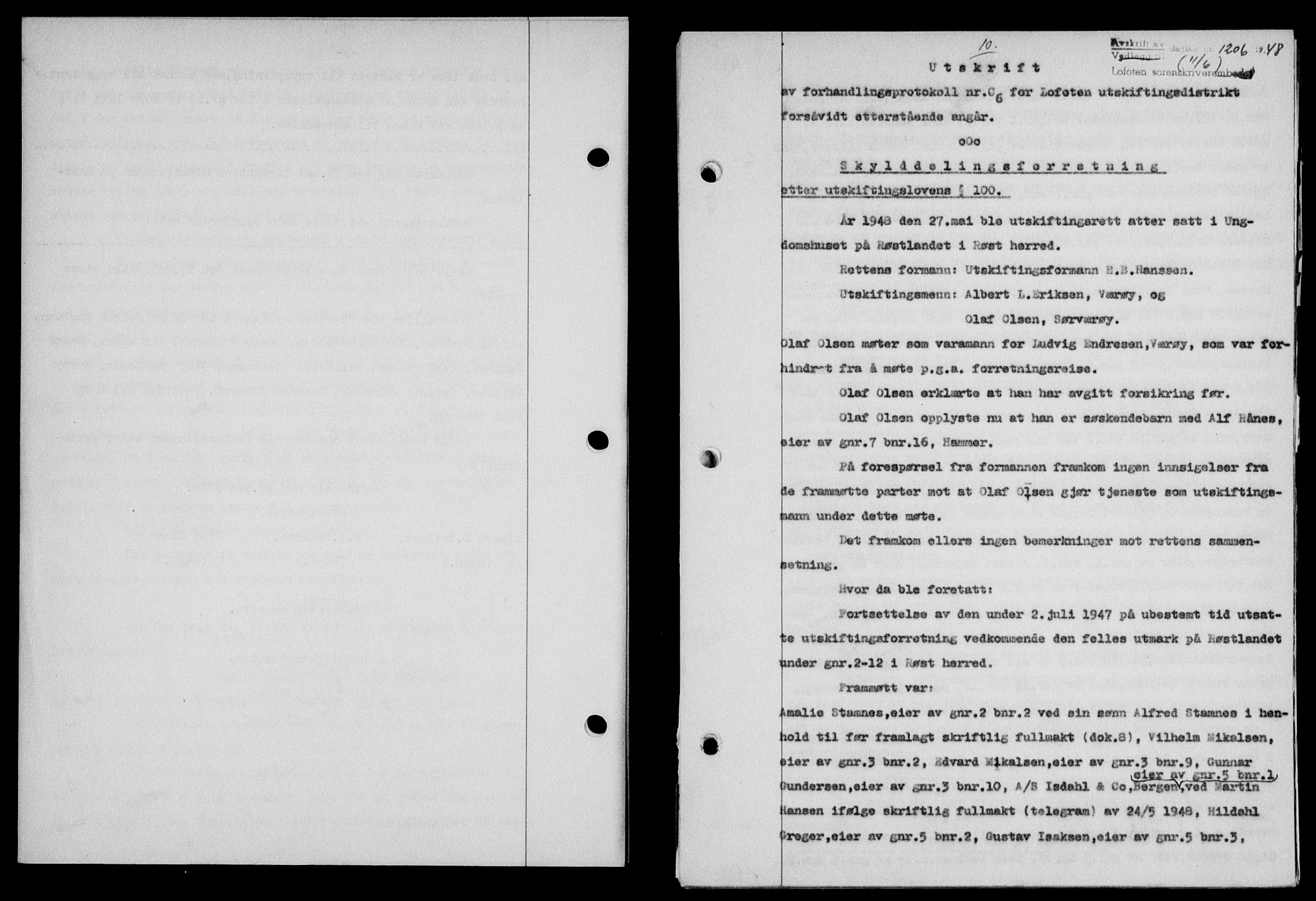 Lofoten sorenskriveri, SAT/A-0017/1/2/2C/L0018a: Mortgage book no. 18a, 1948-1948, Diary no: : 1206/1948