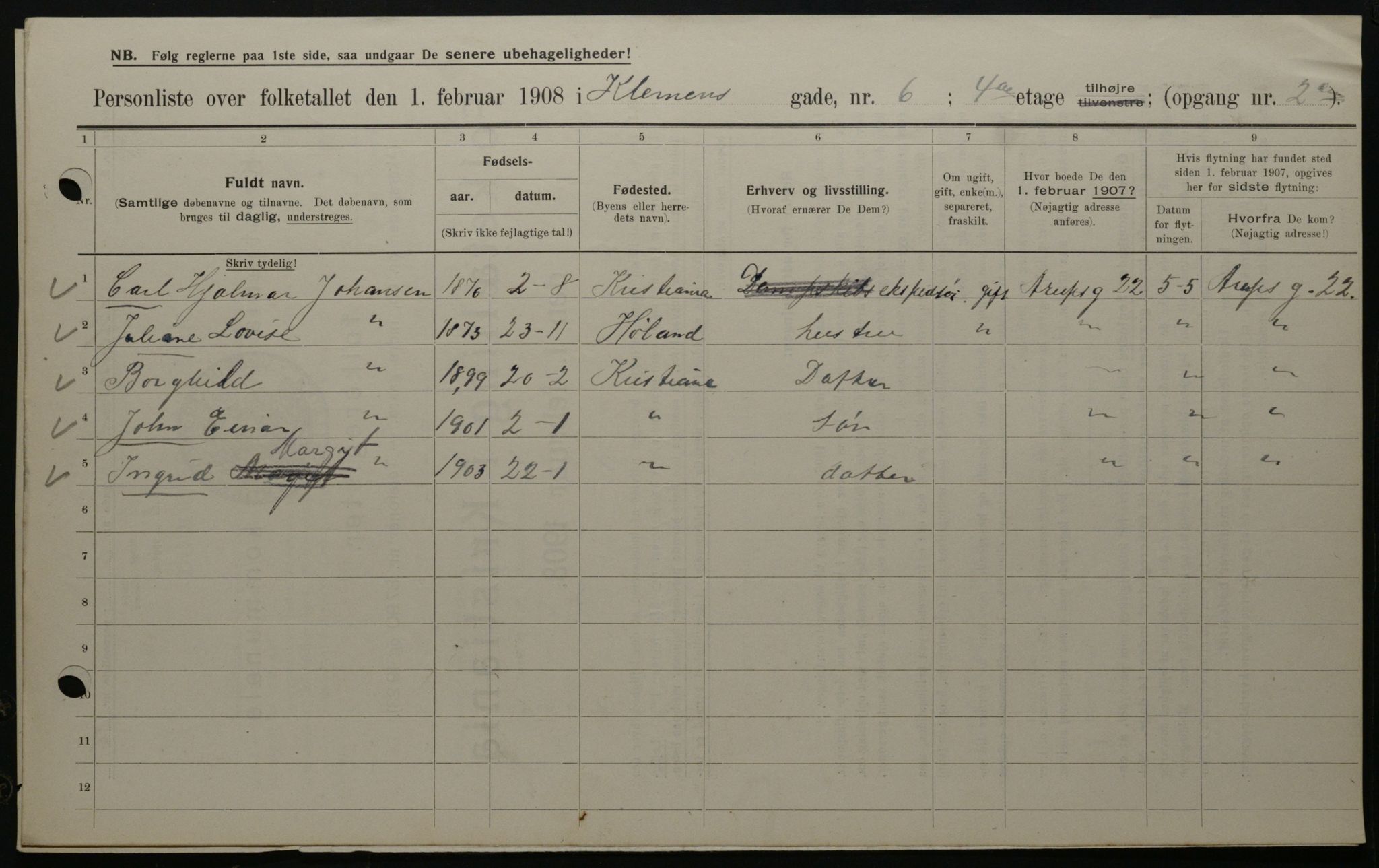 OBA, Municipal Census 1908 for Kristiania, 1908, p. 12076