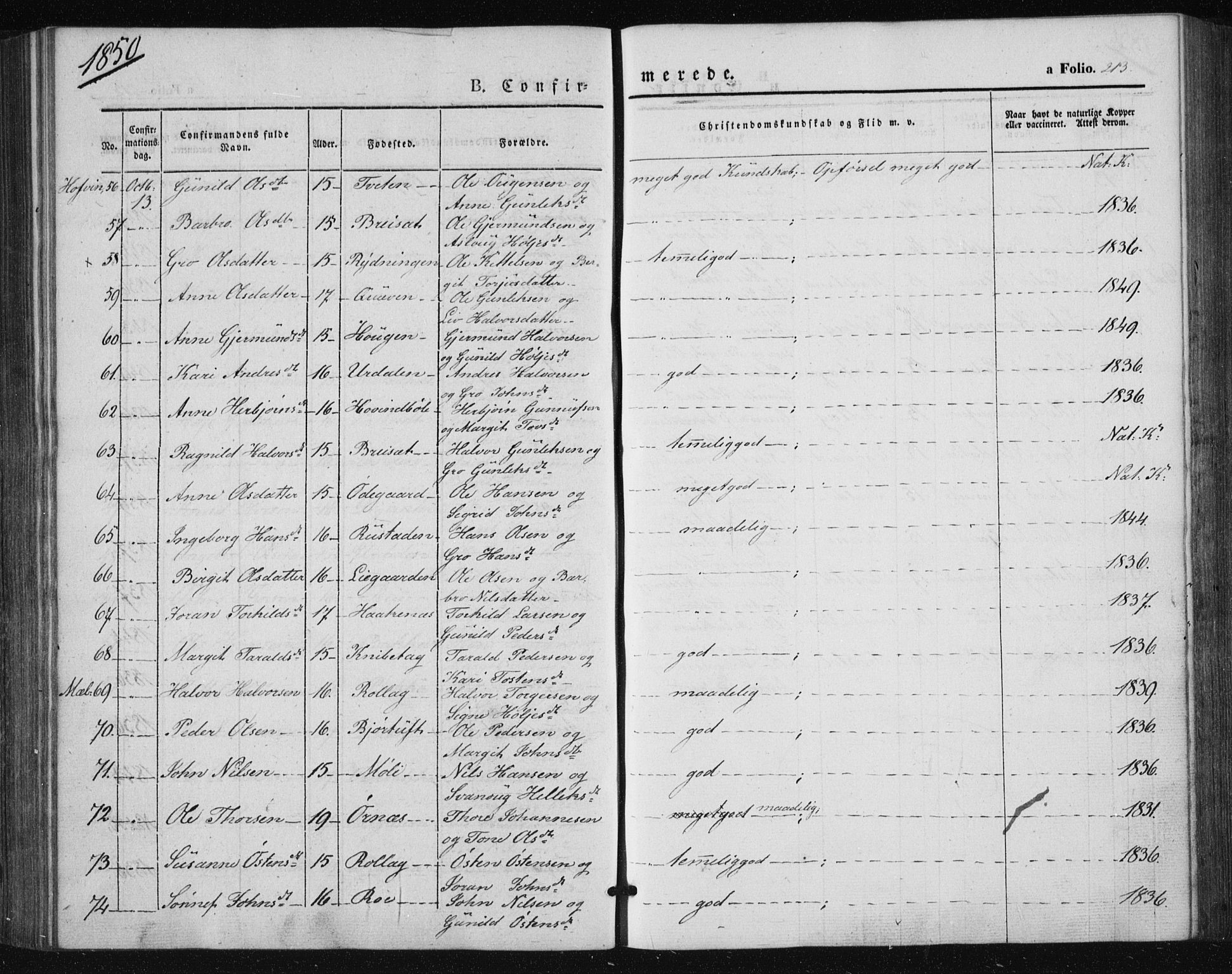 Tinn kirkebøker, SAKO/A-308/F/Fa/L0005: Parish register (official) no. I 5, 1844-1856, p. 213