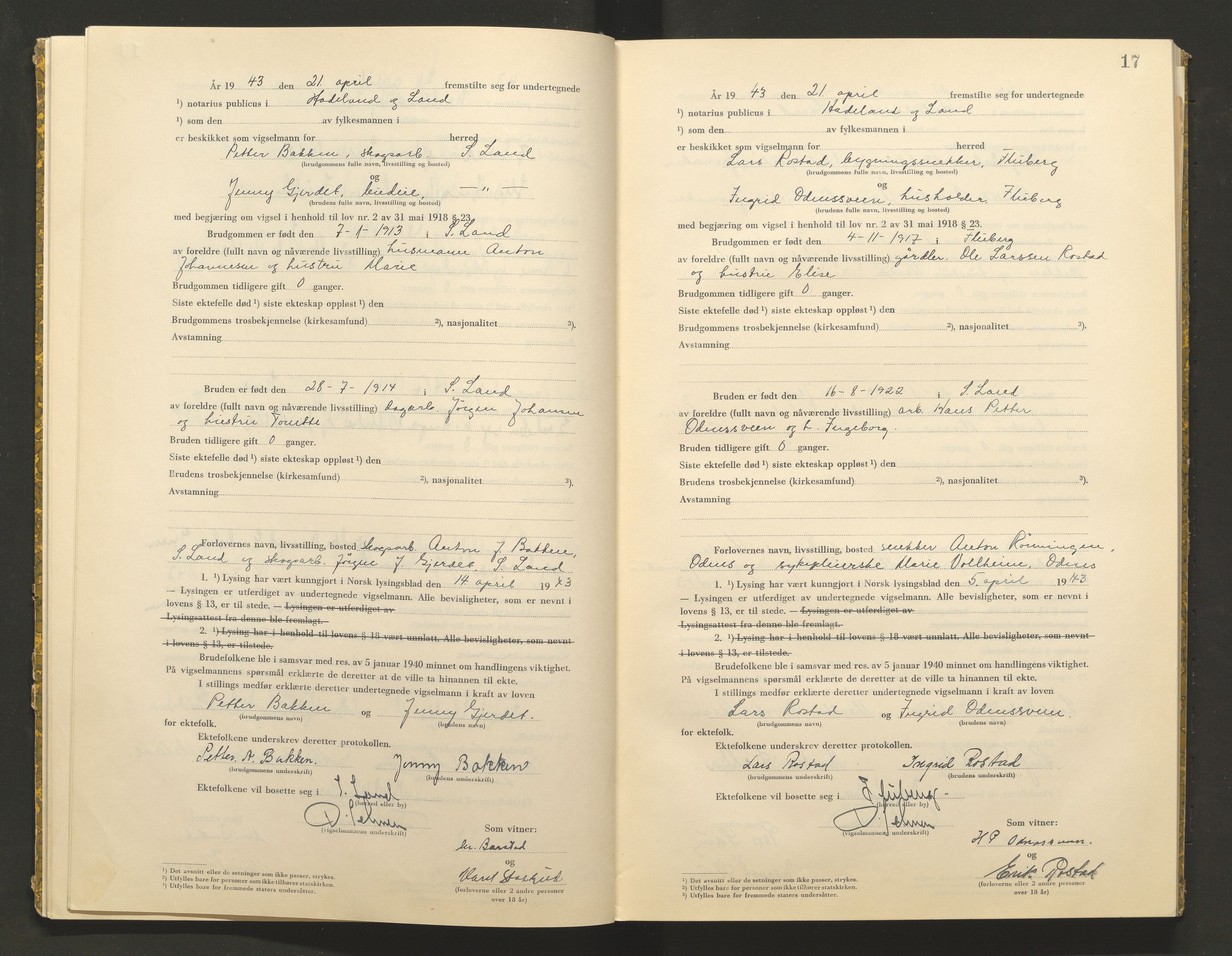 Hadeland og Land tingrett, AV/SAH-TING-010/L/Lb/L0002: Vigselbok, 1943-1944, p. 17