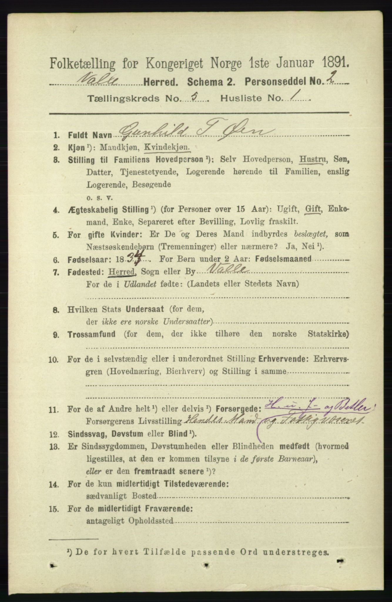 RA, 1891 census for 0940 Valle, 1891, p. 1332