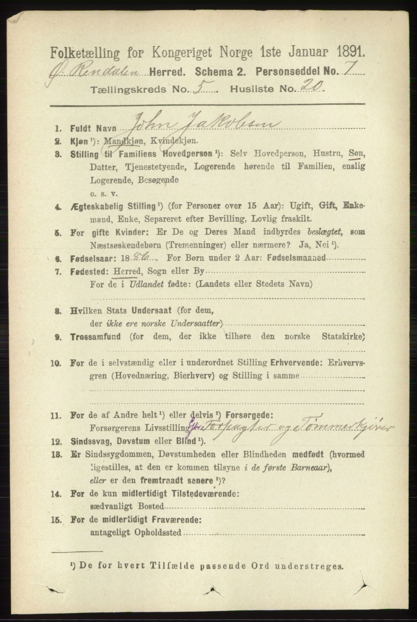 RA, 1891 census for 0433 Øvre Rendal, 1891, p. 1445