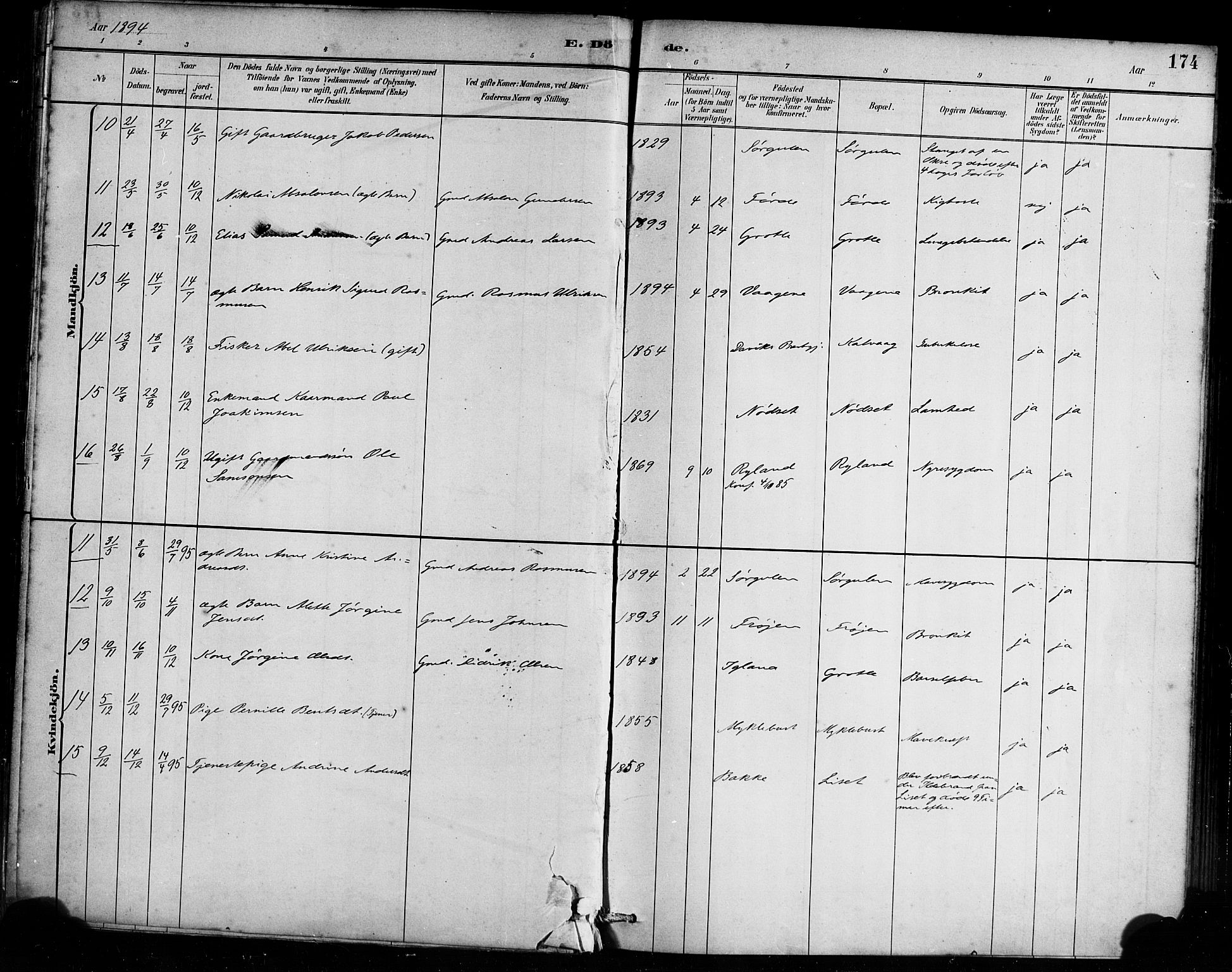 Bremanger sokneprestembete, AV/SAB-A-82201/H/Haa/Haab/L0001: Parish register (official) no. B 1, 1884-1895, p. 174