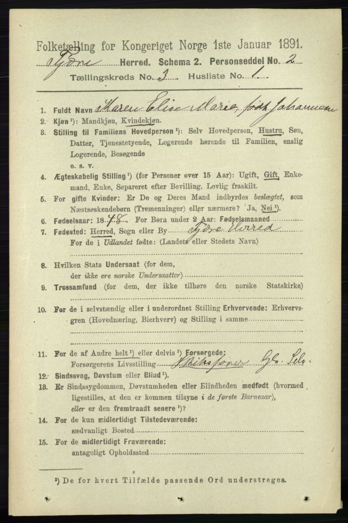 RA, 1891 census for 0923 Fjære, 1891, p. 1382