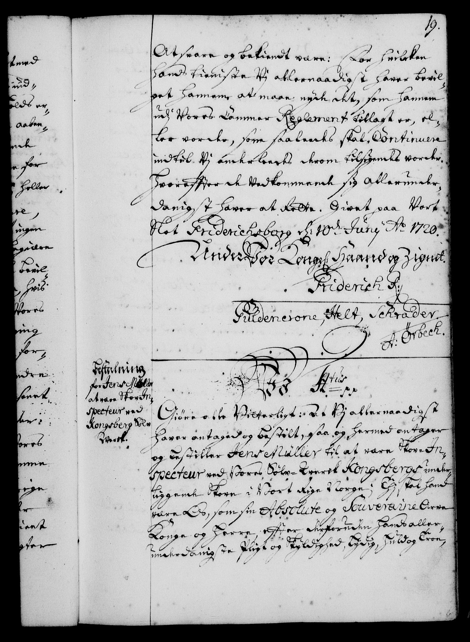 Rentekammeret, Kammerkanselliet, RA/EA-3111/G/Gg/Gge/L0001: Norsk bestallingsprotokoll med register (merket RK 53.25), 1720-1730, p. 19