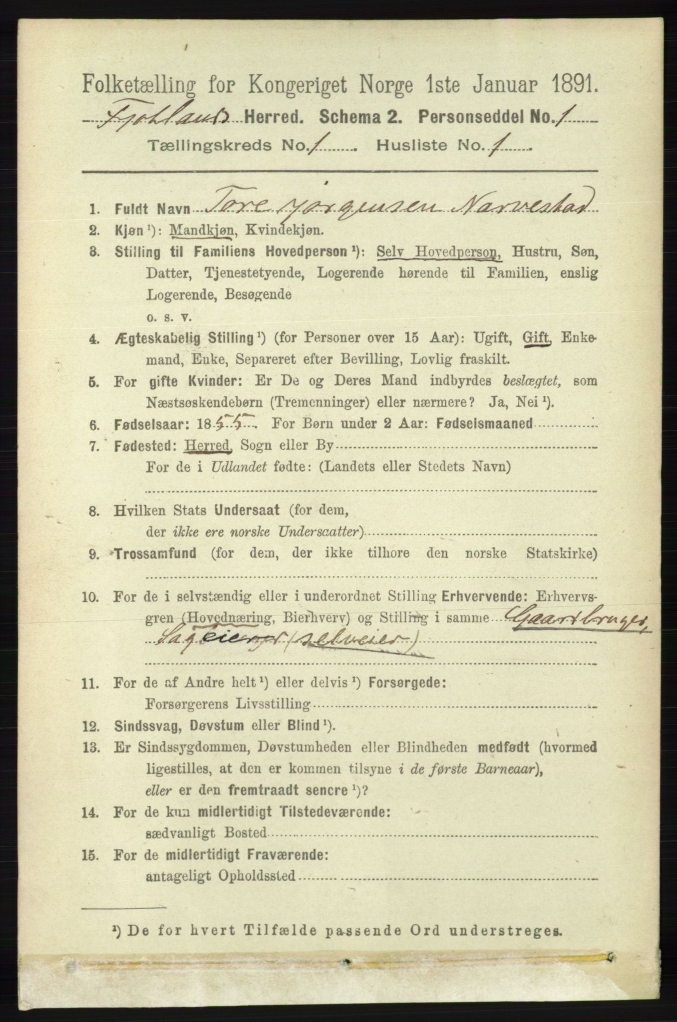 RA, 1891 census for 1036 Fjotland, 1891, p. 51