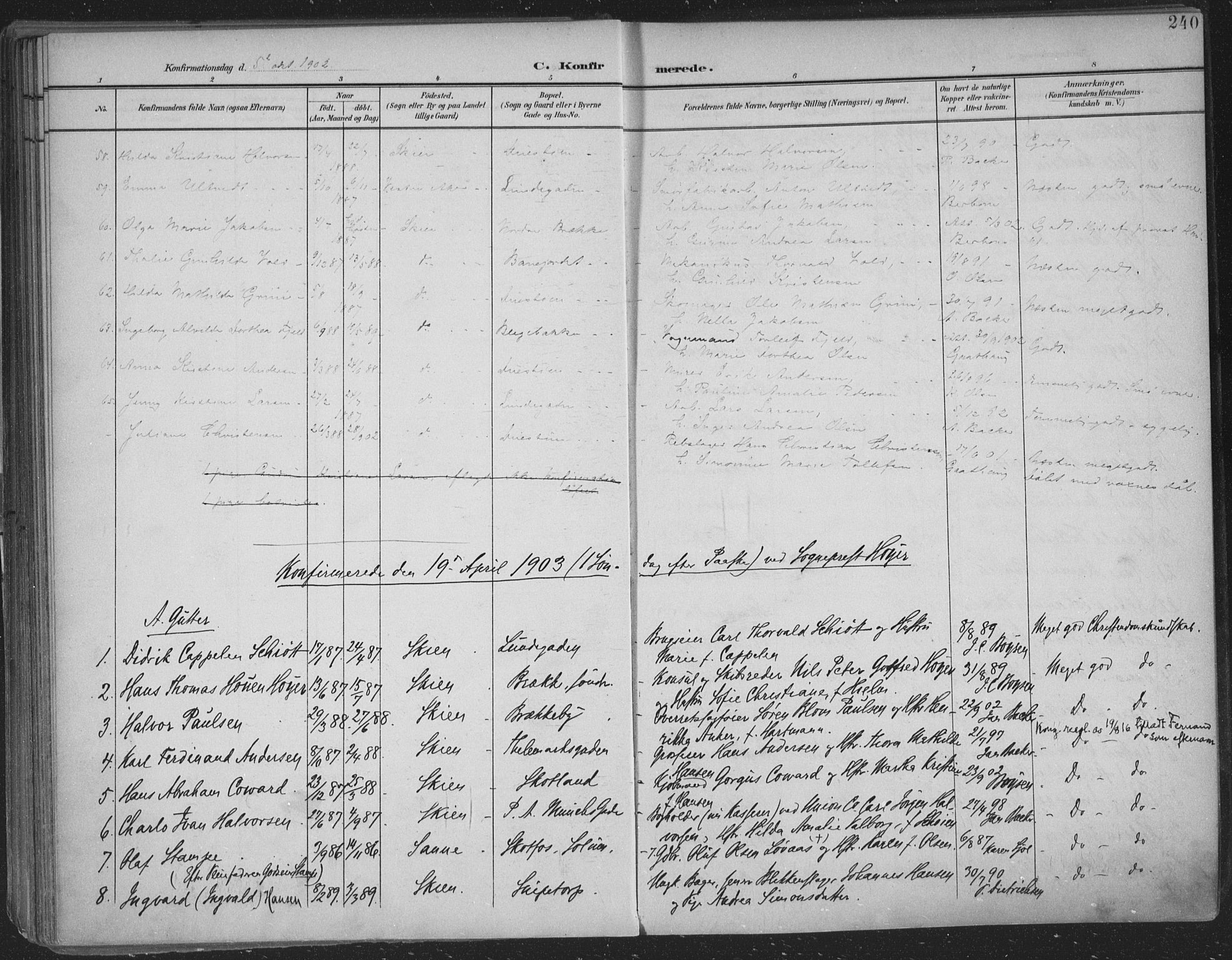 Skien kirkebøker, SAKO/A-302/F/Fa/L0011: Parish register (official) no. 11, 1900-1907, p. 240