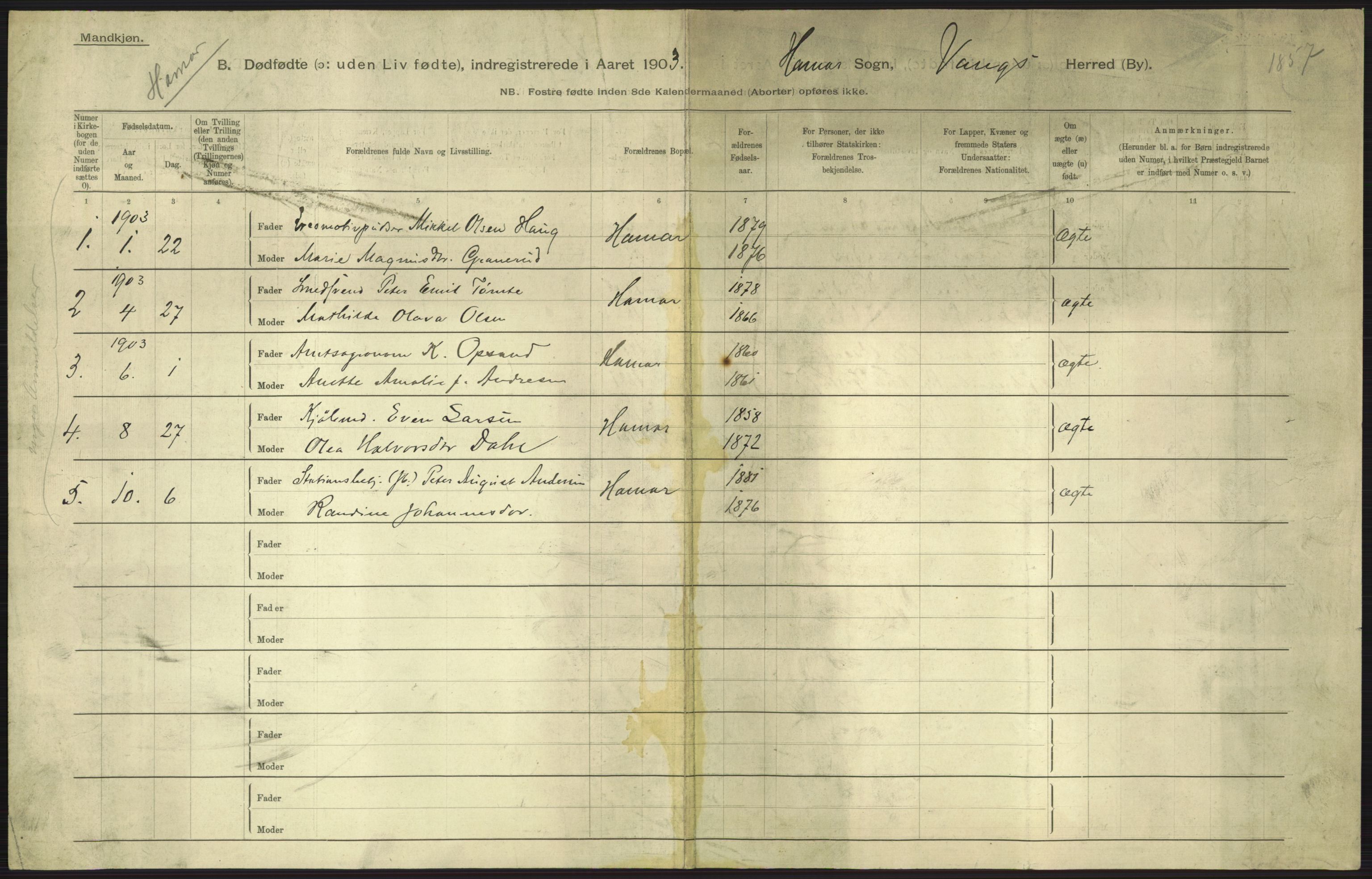 Statistisk sentralbyrå, Sosiodemografiske emner, Befolkning, RA/S-2228/D/Df/Dfa/Dfaa/L0026: Smålenenes - Finnmarkens amt: Dødfødte. Byer., 1903, p. 101