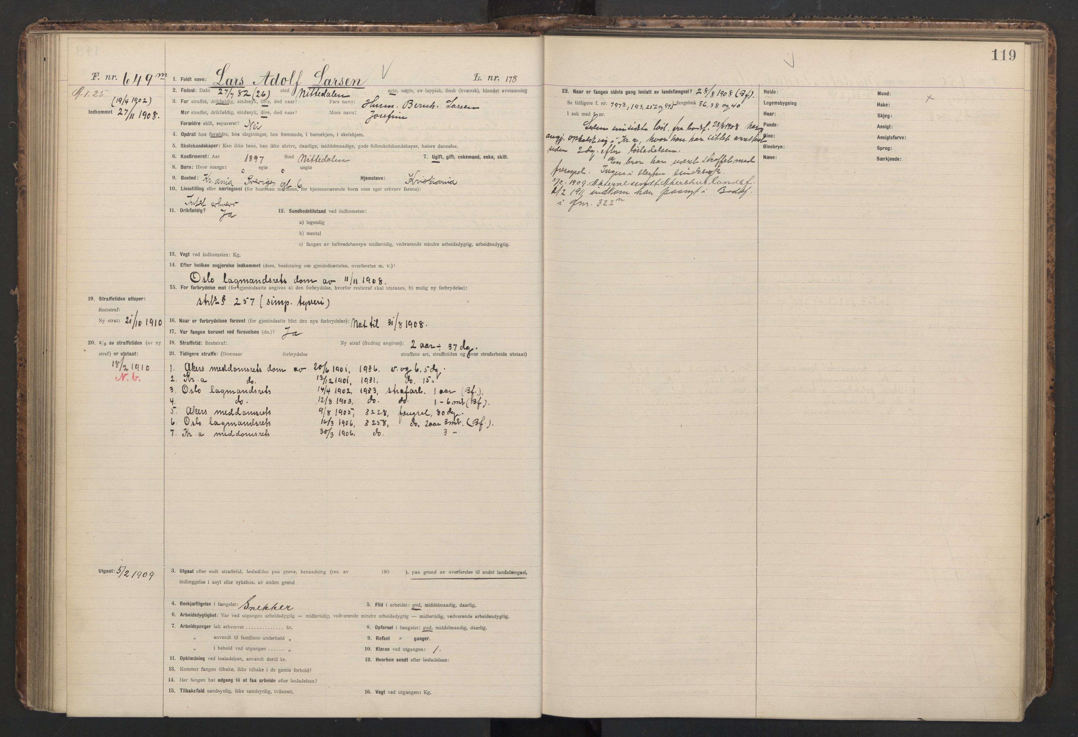 Botsfengslet, AV/RA-S-1539/D/Db/Dbb/L0042: 531m - 871m, 1908-1909, p. 119