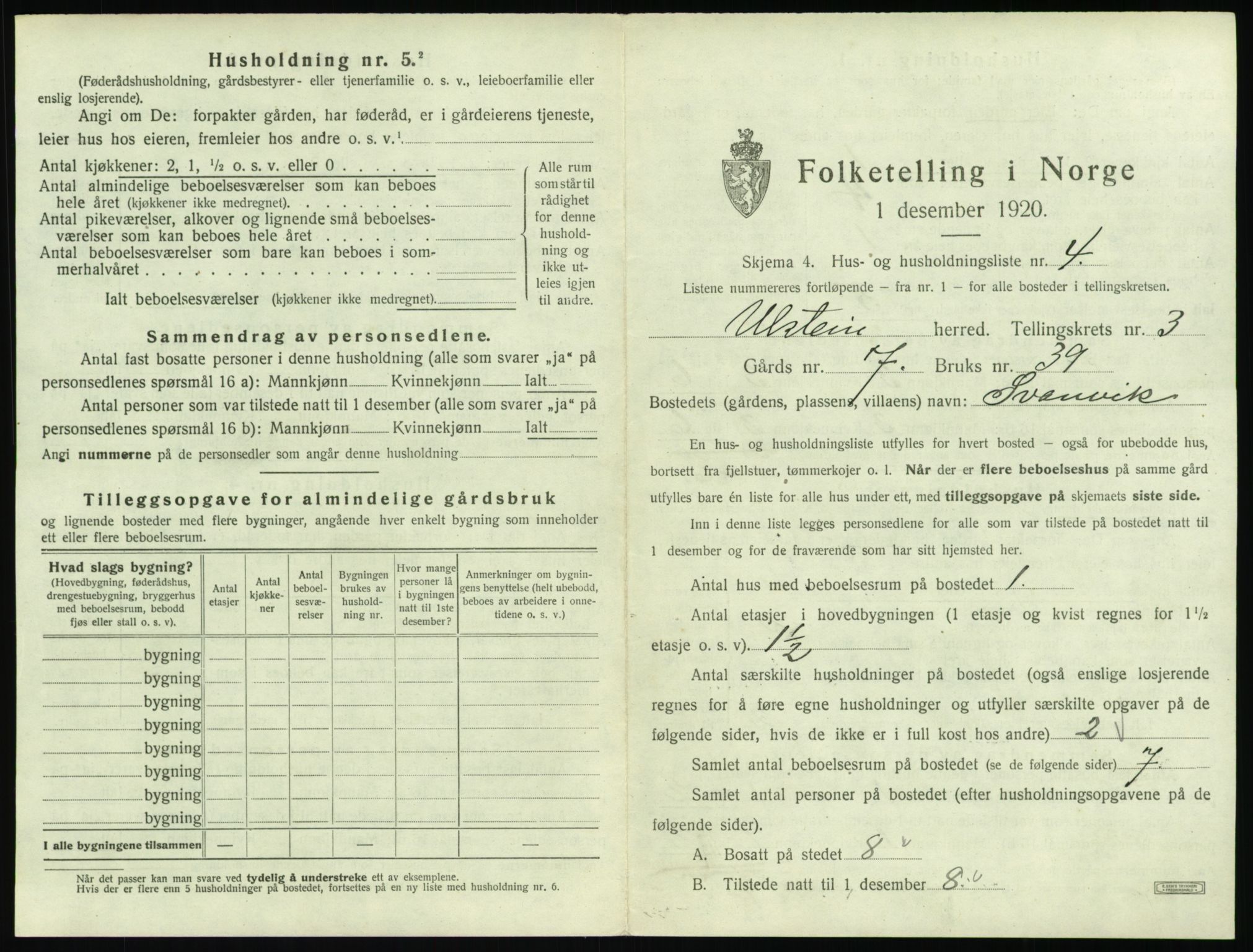 SAT, 1920 census for Ulstein, 1920, p. 178