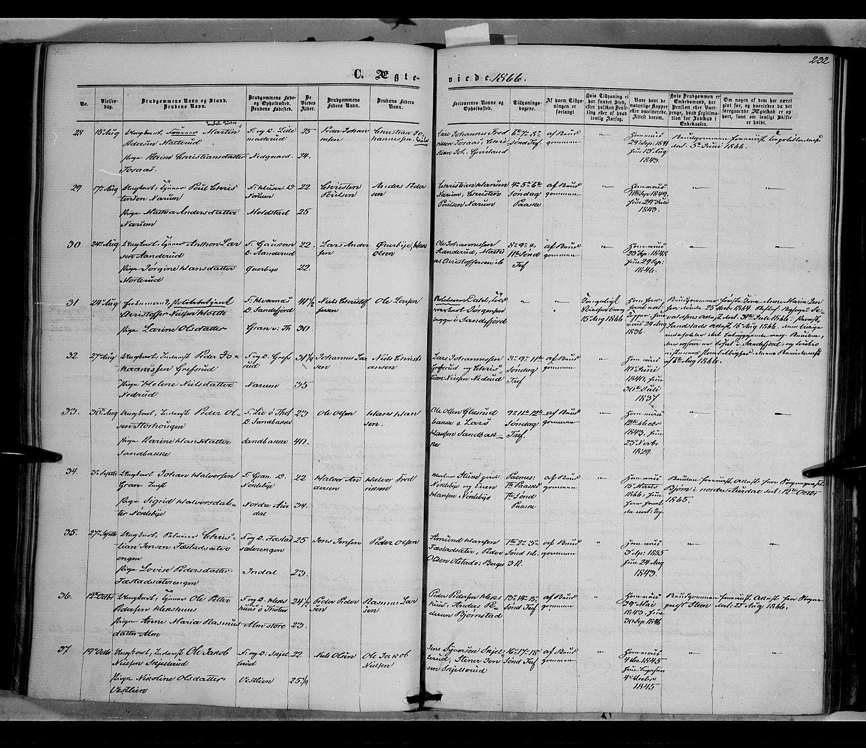 Vestre Toten prestekontor, SAH/PREST-108/H/Ha/Haa/L0007: Parish register (official) no. 7, 1862-1869, p. 232