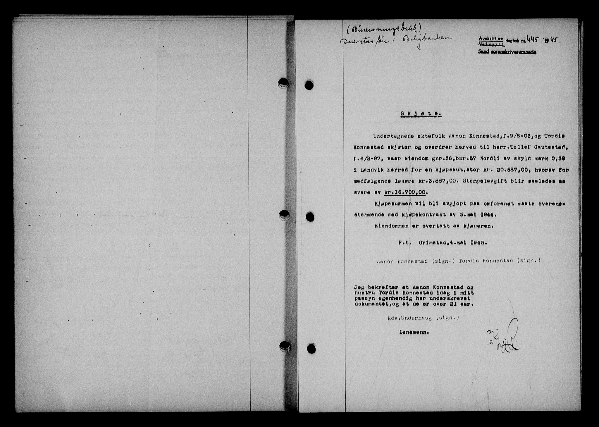 Vestre Nedenes/Sand sorenskriveri, SAK/1221-0010/G/Gb/Gba/L0053: Mortgage book no. A 6, 1944-1945, Diary no: : 445/1945