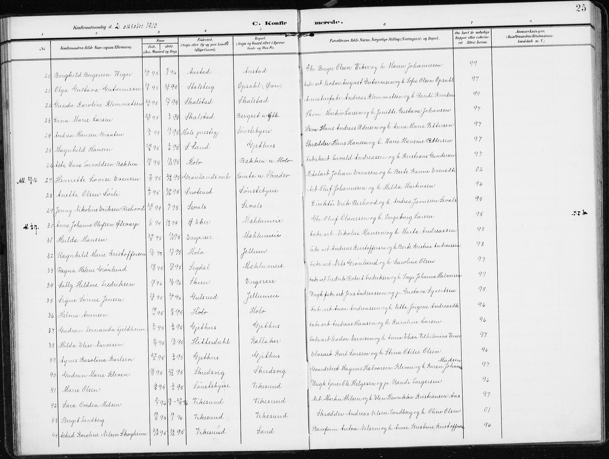 Modum kirkebøker, SAKO/A-234/F/Fa/L0014b: Parish register (official) no. 14B, 1906-1917, p. 25