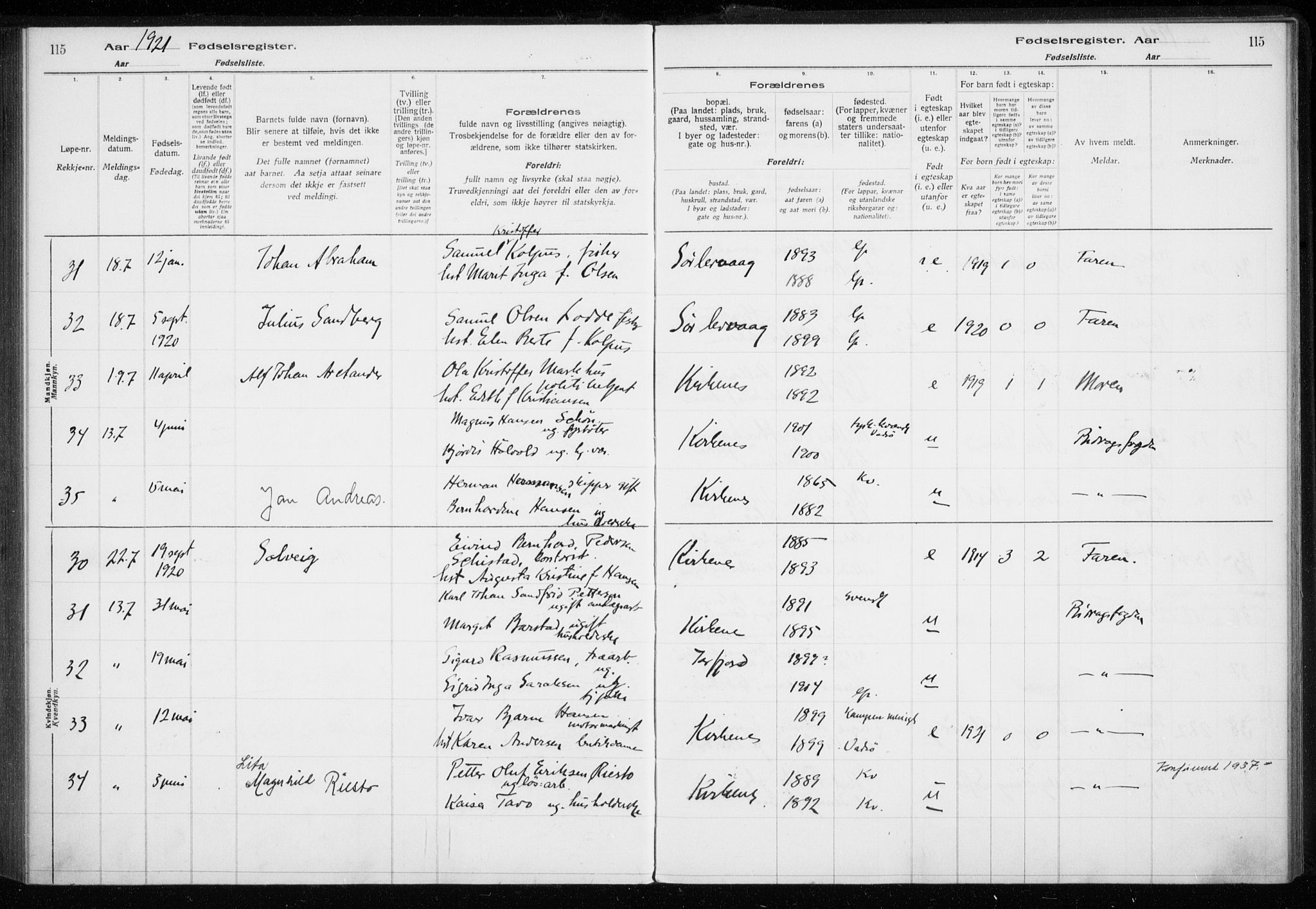 Sør-Varanger sokneprestkontor, AV/SATØ-S-1331/I/Ia/L0016: Birth register no. 16, 1915-1925, p. 115