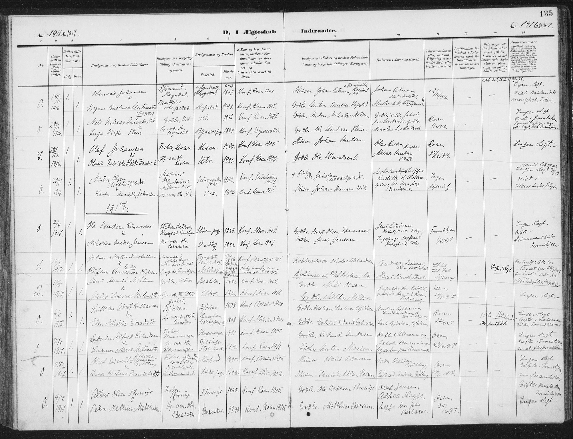 Ministerialprotokoller, klokkerbøker og fødselsregistre - Sør-Trøndelag, SAT/A-1456/657/L0709: Parish register (official) no. 657A10, 1905-1919, p. 135