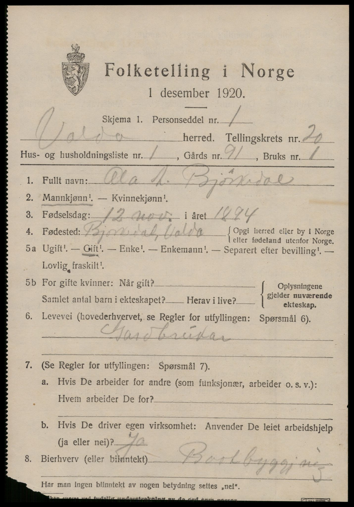 SAT, 1920 census for Volda, 1920, p. 10510