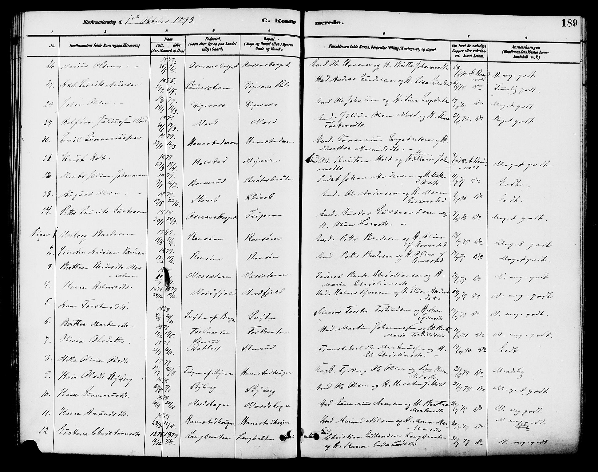 Brandval prestekontor, AV/SAH-PREST-034/H/Ha/Haa/L0002: Parish register (official) no. 2, 1880-1894, p. 189