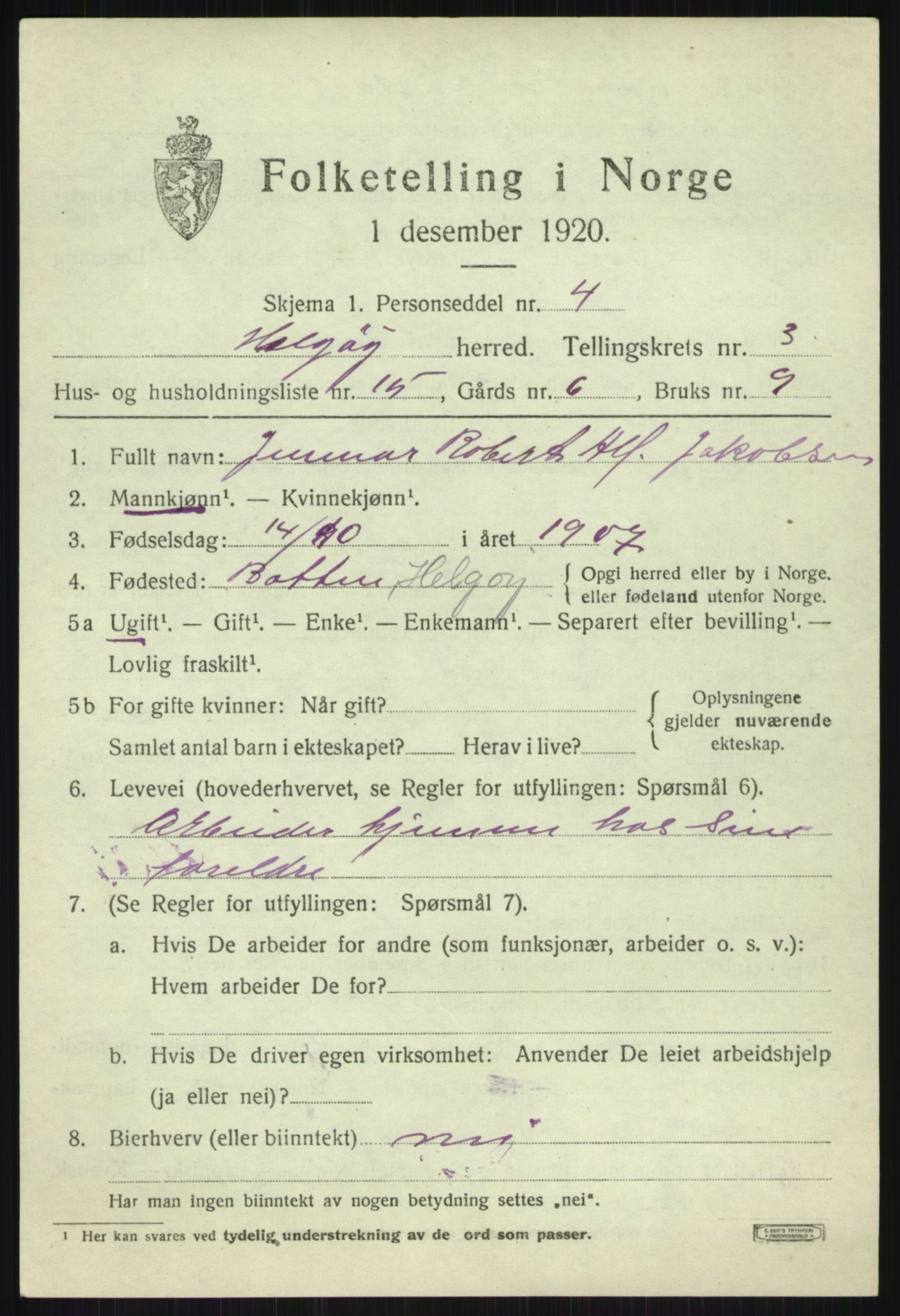 SATØ, 1920 census for Helgøy, 1920, p. 1581