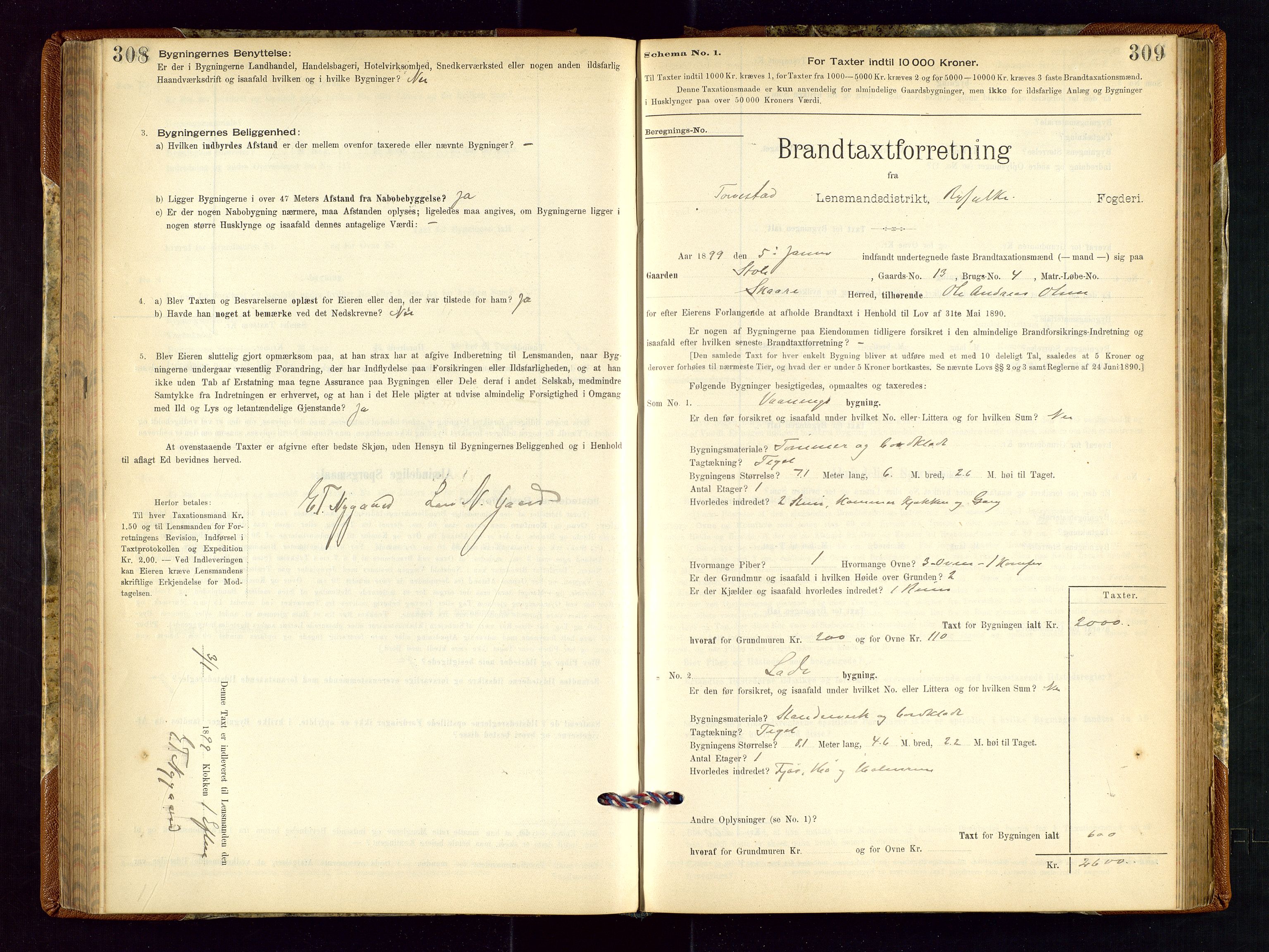 Torvestad lensmannskontor, SAST/A-100307/1/Gob/L0001: "Brandtaxationsprotokol for Torvestad Lensmannsdistrikt", 1895-1904, p. 308-309