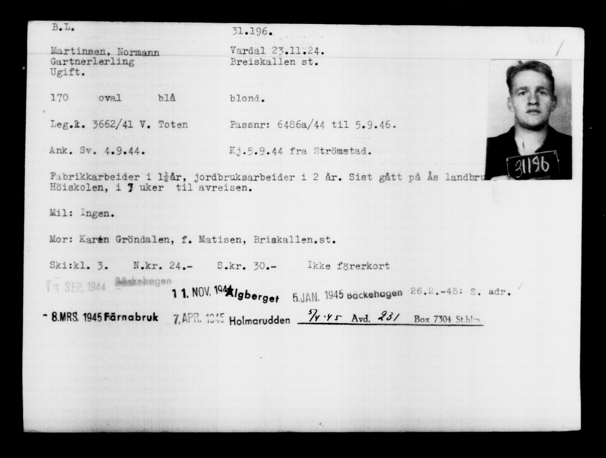Utenriksstasjonene, Legasjonen i Stockholm, Flyktningkontoret, AV/RA-S-6753/V/Va/L0012: Kjesäterkartoteket, flyktninger med registreringsnr. 28300-31566, 1940-1945, p. 3137