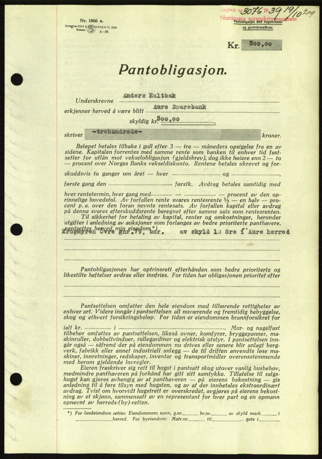 Nordmøre sorenskriveri, AV/SAT-A-4132/1/2/2Ca: Mortgage book no. B86, 1939-1940, Diary no: : 3076/1939