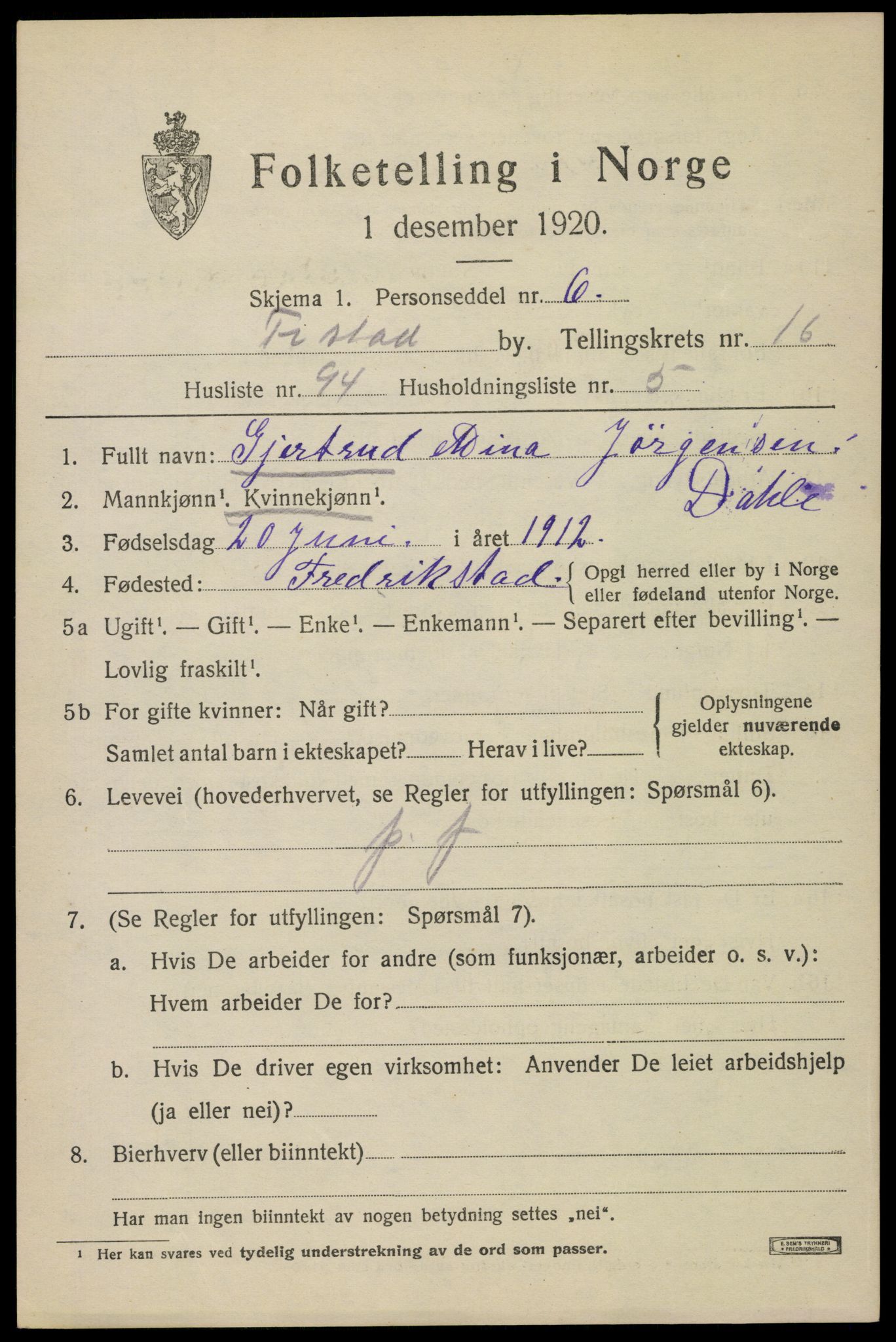 SAO, 1920 census for Fredrikstad, 1920, p. 38915