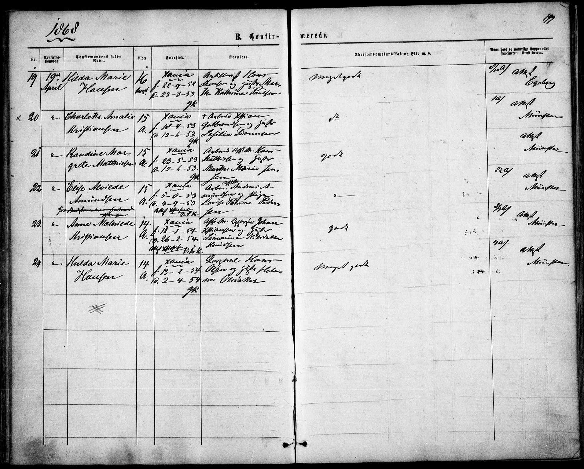 Garnisonsmenigheten Kirkebøker, AV/SAO-A-10846/F/Fa/L0010: Parish register (official) no. 10, 1859-1869, p. 199