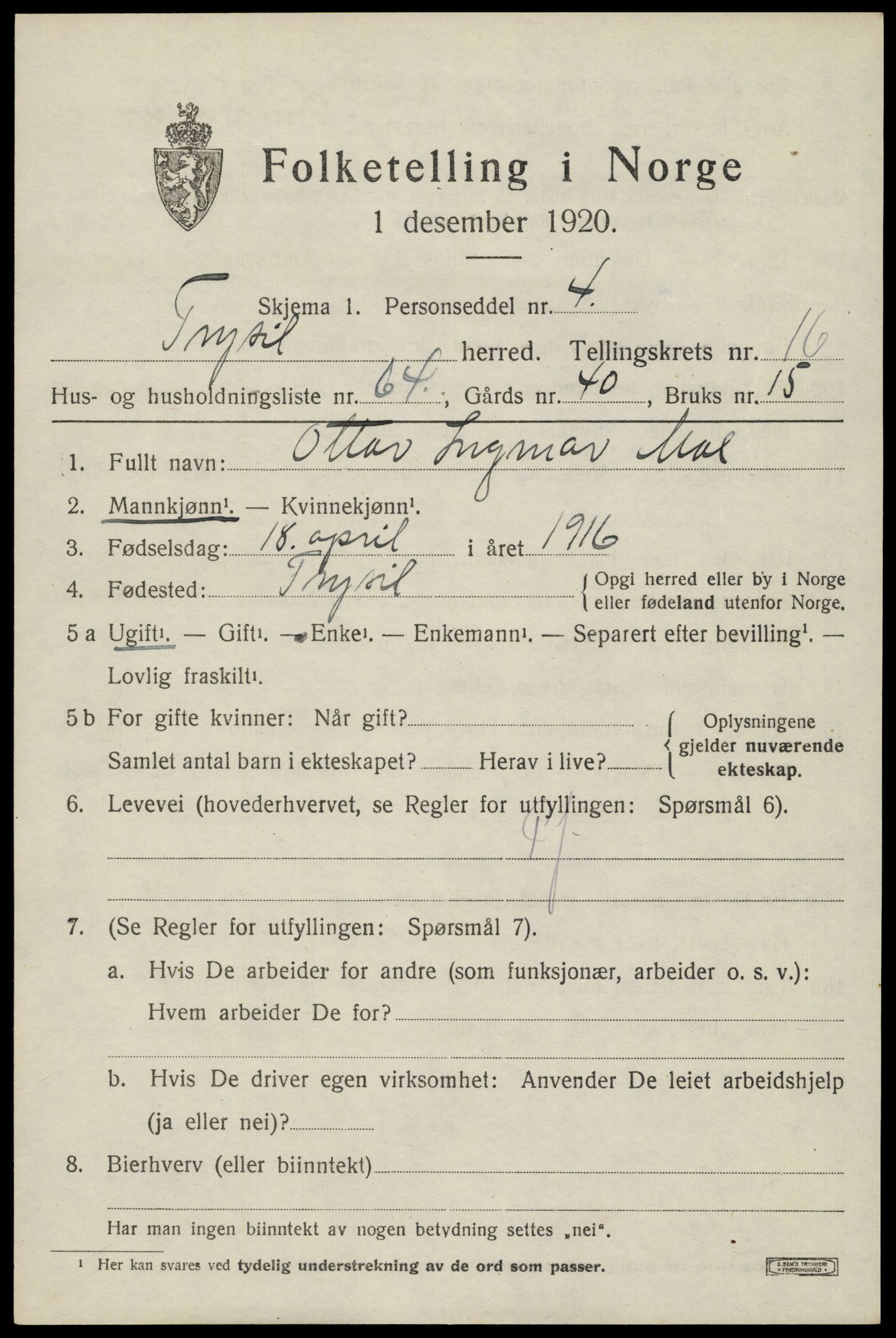 SAH, 1920 census for Trysil, 1920, p. 10173