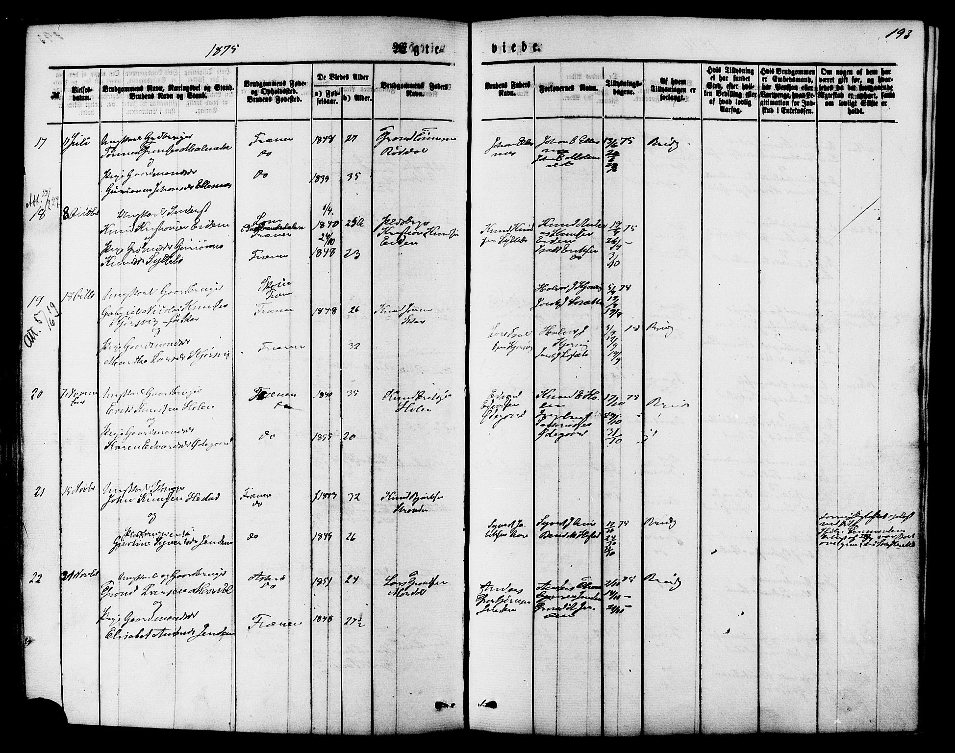 Ministerialprotokoller, klokkerbøker og fødselsregistre - Møre og Romsdal, SAT/A-1454/565/L0749: Parish register (official) no. 565A03, 1871-1886, p. 193