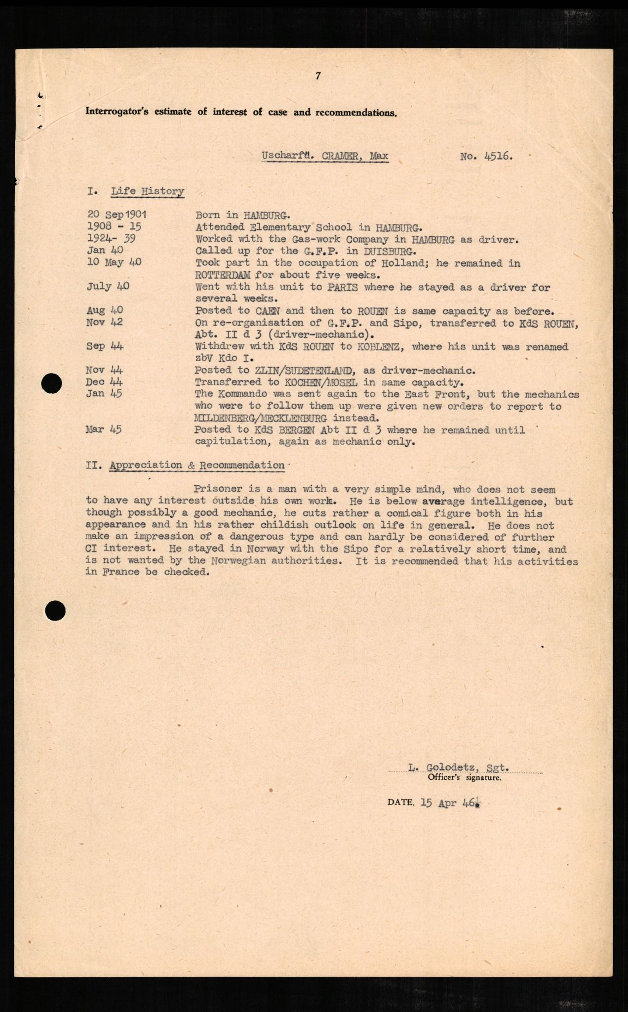 Forsvaret, Forsvarets overkommando II, AV/RA-RAFA-3915/D/Db/L0005: CI Questionaires. Tyske okkupasjonsstyrker i Norge. Tyskere., 1945-1946, p. 318