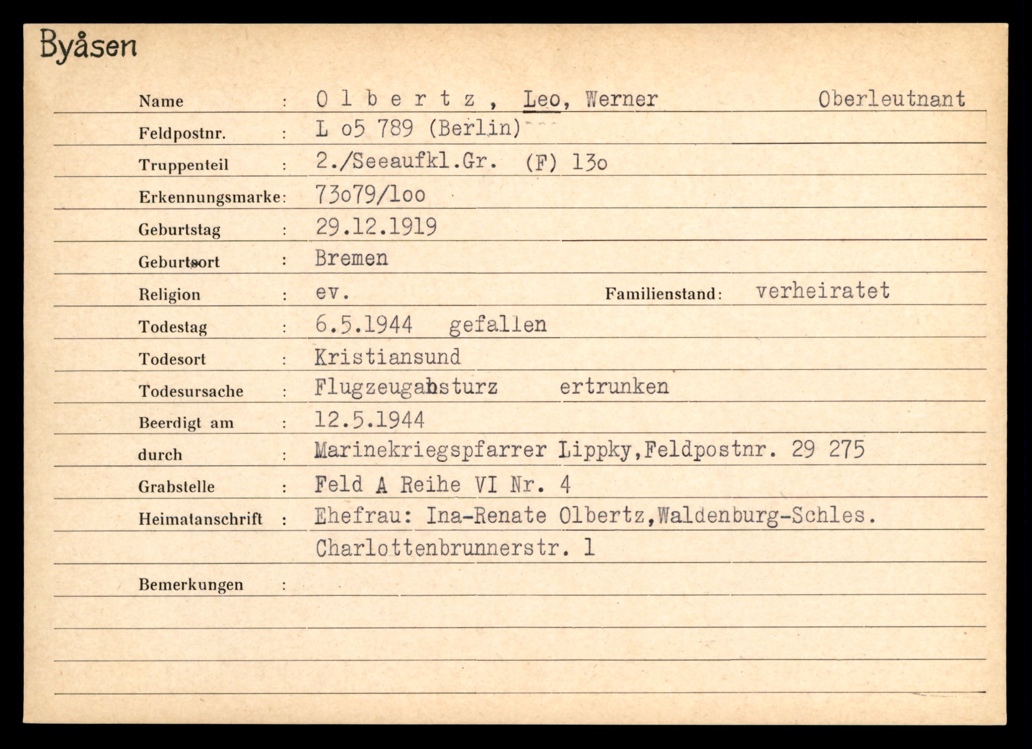 Distriktskontoret for krigsgraver, AV/SAT-A-5030/E/L0004: Kasett/kartotek over tysk Krigskirkegård på Byåsen, 1945, p. 1241