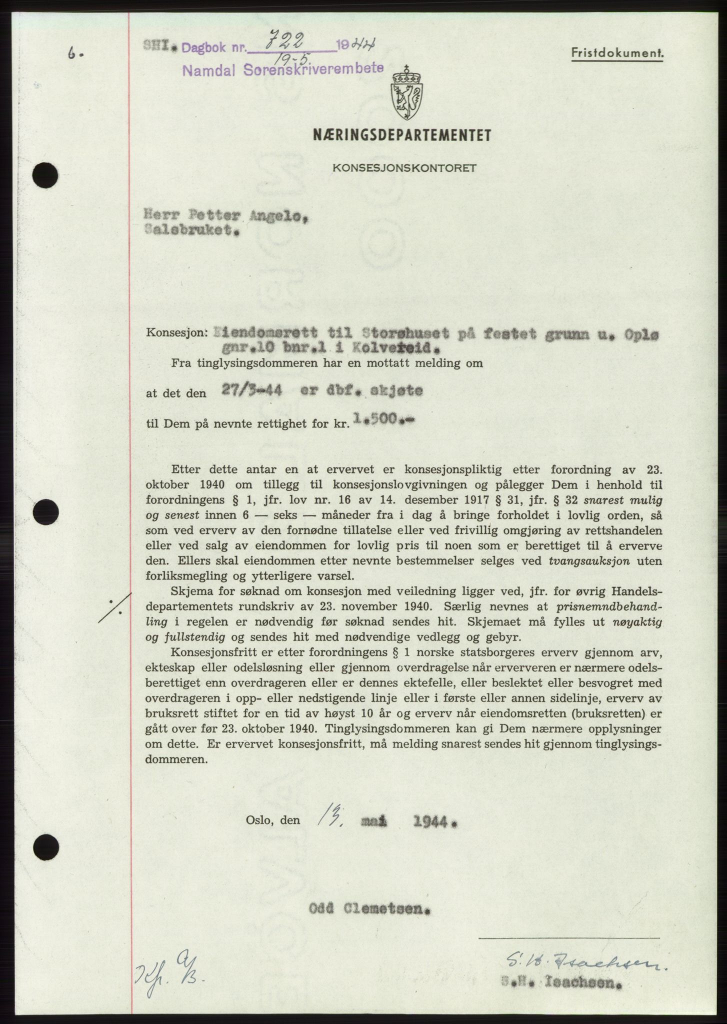 Namdal sorenskriveri, SAT/A-4133/1/2/2C: Mortgage book no. -, 1944-1945, Diary no: : 722/1944
