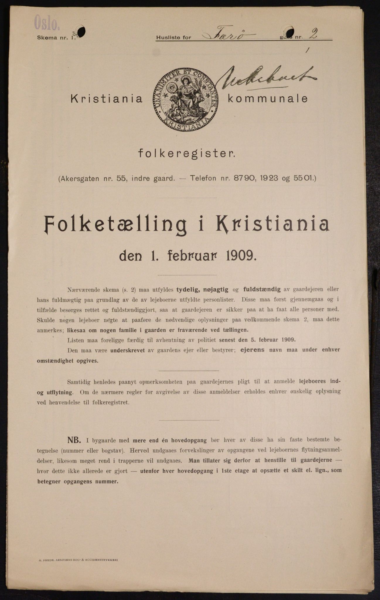 OBA, Municipal Census 1909 for Kristiania, 1909, p. 2455