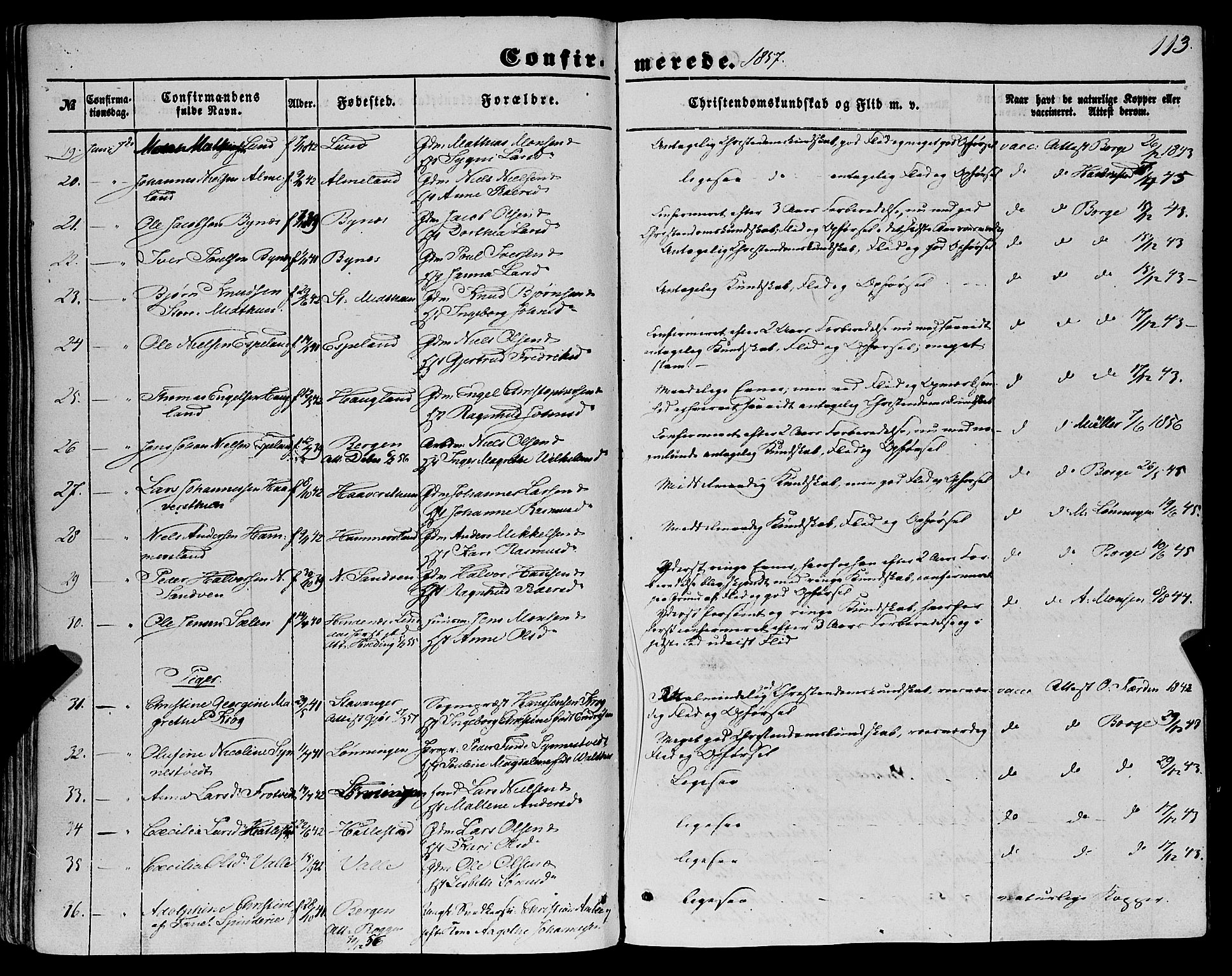 Fana Sokneprestembete, AV/SAB-A-75101/H/Haa/Haaa/L0011: Parish register (official) no. A 11, 1851-1862, p. 113