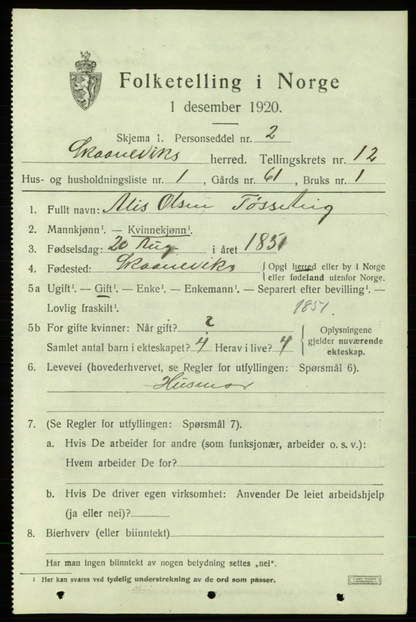 SAB, 1920 census for Skånevik, 1920, p. 5275