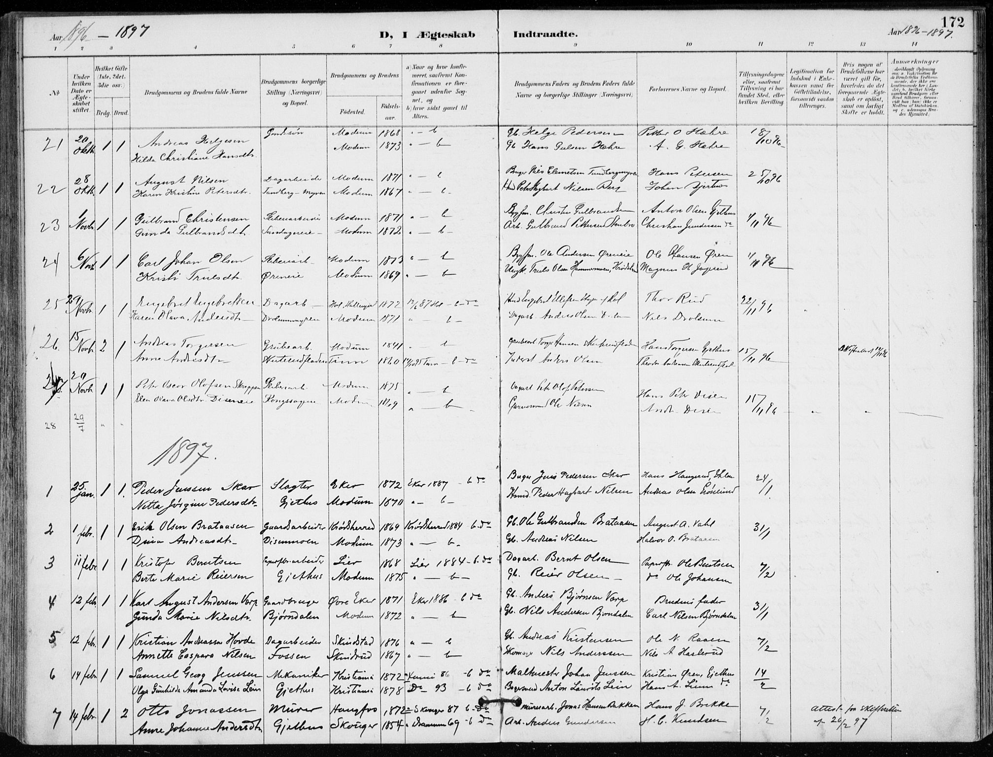 Modum kirkebøker, AV/SAKO-A-234/F/Fa/L0012: Parish register (official) no. 12, 1890-1898, p. 172