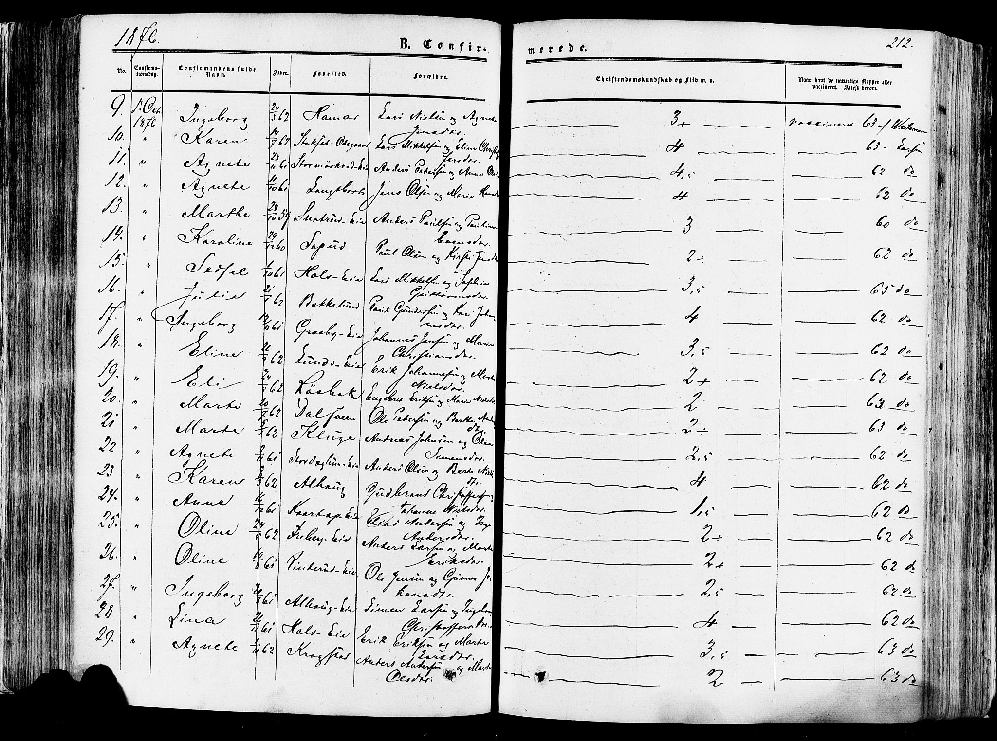 Vang prestekontor, Hedmark, SAH/PREST-008/H/Ha/Haa/L0013: Parish register (official) no. 13, 1855-1879, p. 212