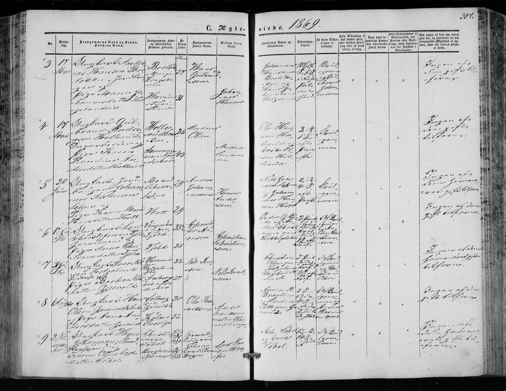 Hole kirkebøker, SAKO/A-228/F/Fa/L0006: Parish register (official) no. I 6, 1852-1872, p. 307