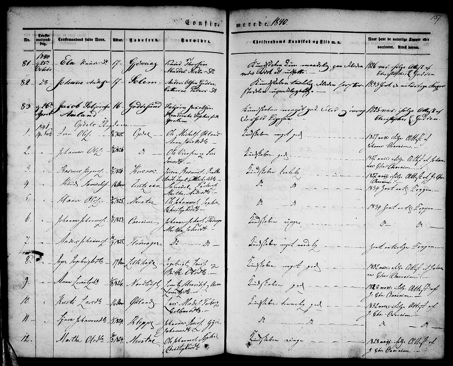 Tysnes sokneprestembete, AV/SAB-A-78601/H/Haa: Parish register (official) no. A 9, 1837-1848, p. 157
