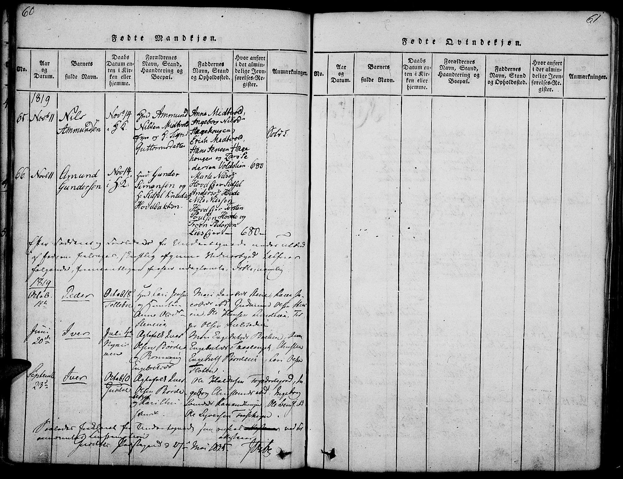 Gausdal prestekontor, AV/SAH-PREST-090/H/Ha/Haa/L0005: Parish register (official) no. 5, 1817-1829, p. 60-61