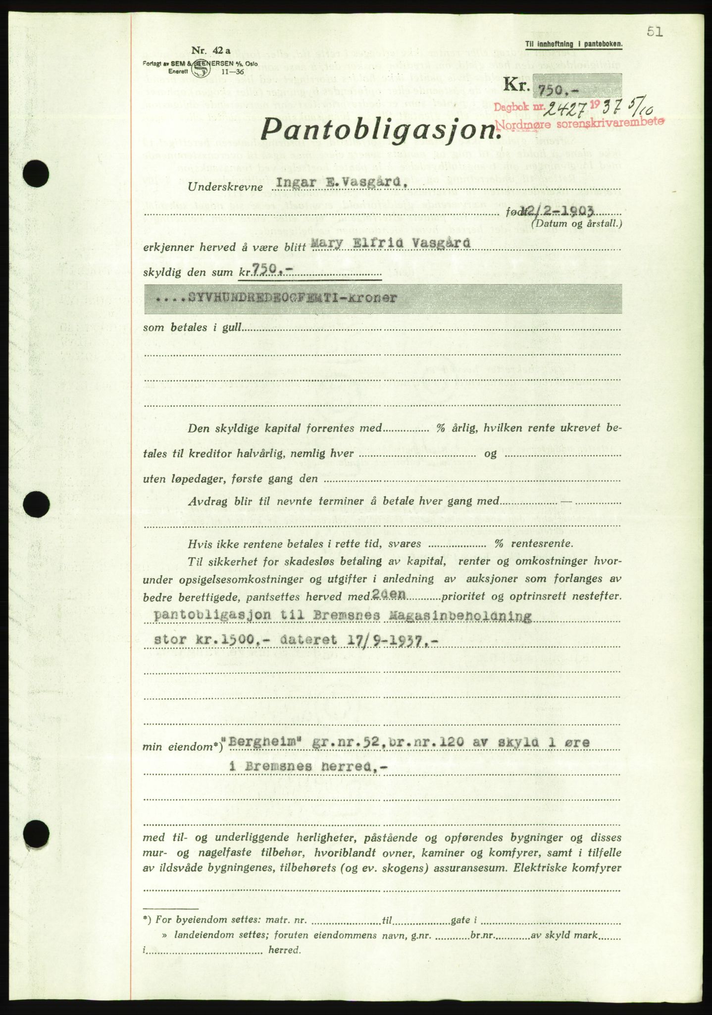 Nordmøre sorenskriveri, AV/SAT-A-4132/1/2/2Ca/L0092: Mortgage book no. B82, 1937-1938, Diary no: : 2427/1937