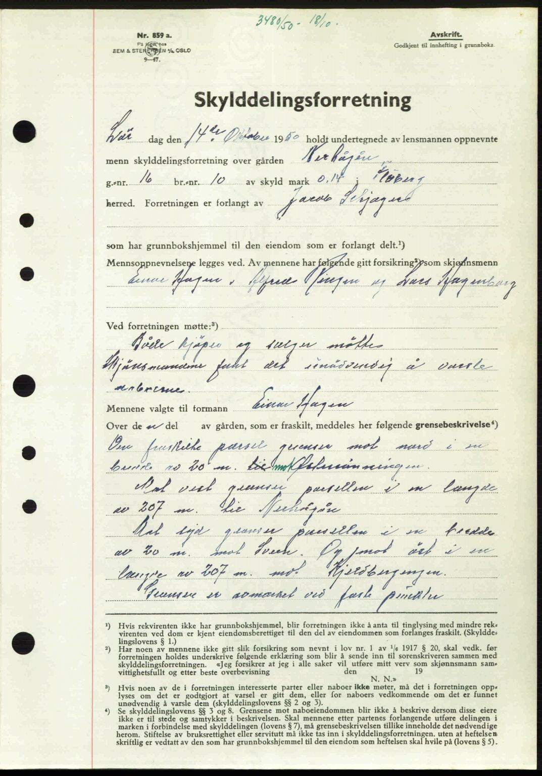 Hadeland og Land tingrett, AV/SAH-TING-010/H/Hb/Hbb/L0103: Mortgage book no. A103, 1950-1950, Diary no: : 3480/1950