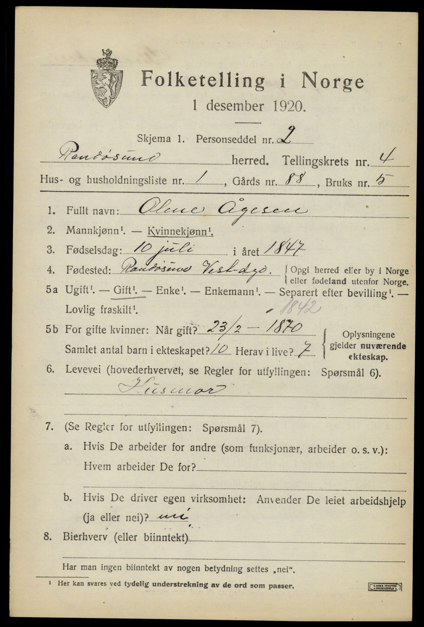 SAK, 1920 census for Randesund, 1920, p. 1782