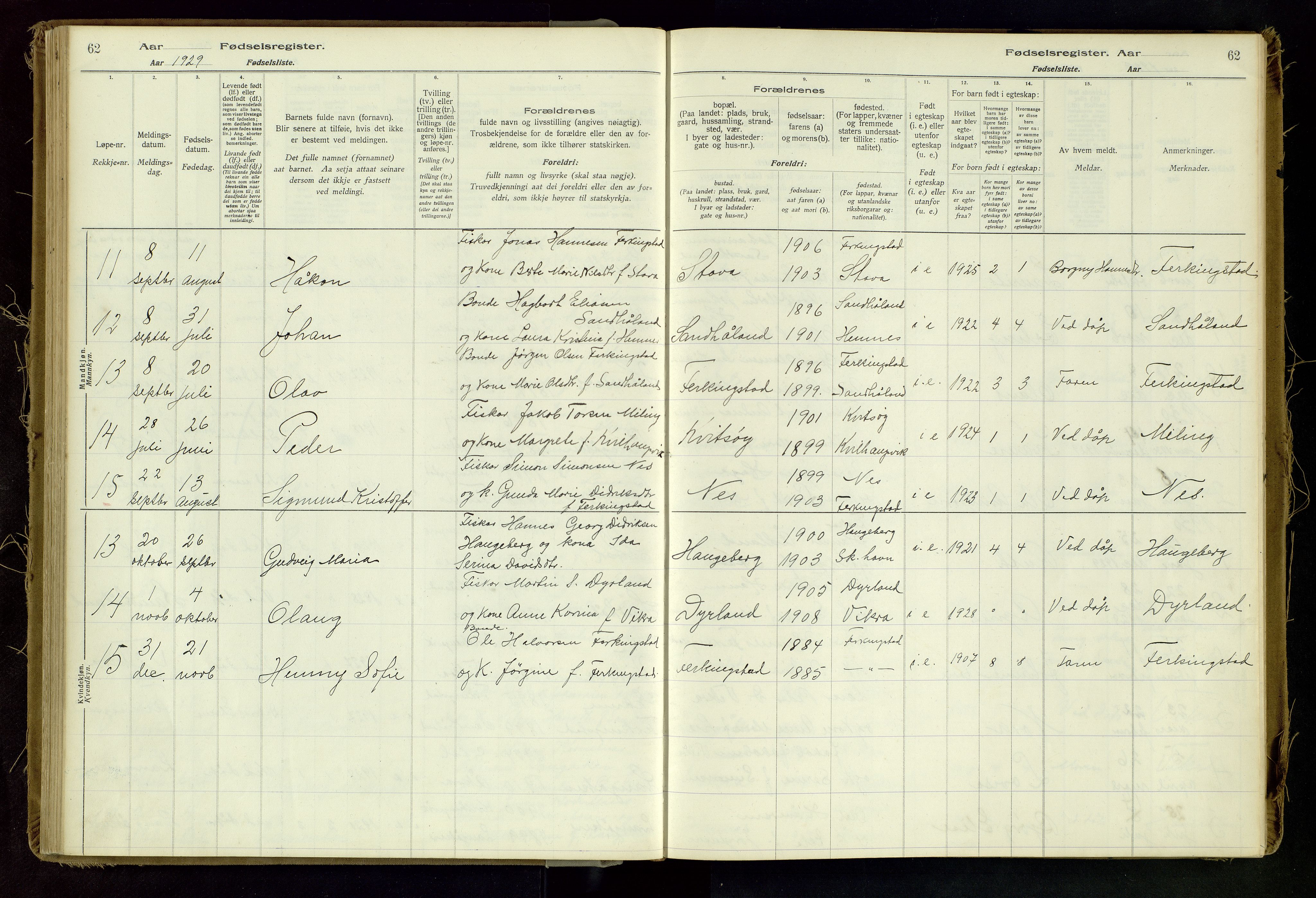 Skudenes sokneprestkontor, SAST/A -101849/I/Id/L0002: Birth register no. 2, 1916-1962, p. 62