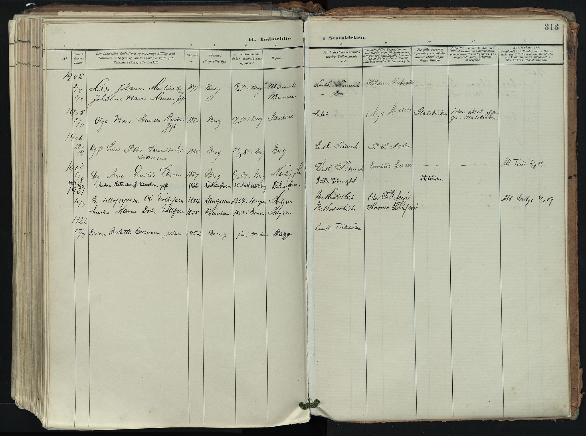 Brunlanes kirkebøker, SAKO/A-342/F/Fb/L0003: Parish register (official) no. II 3, 1900-1922, p. 313