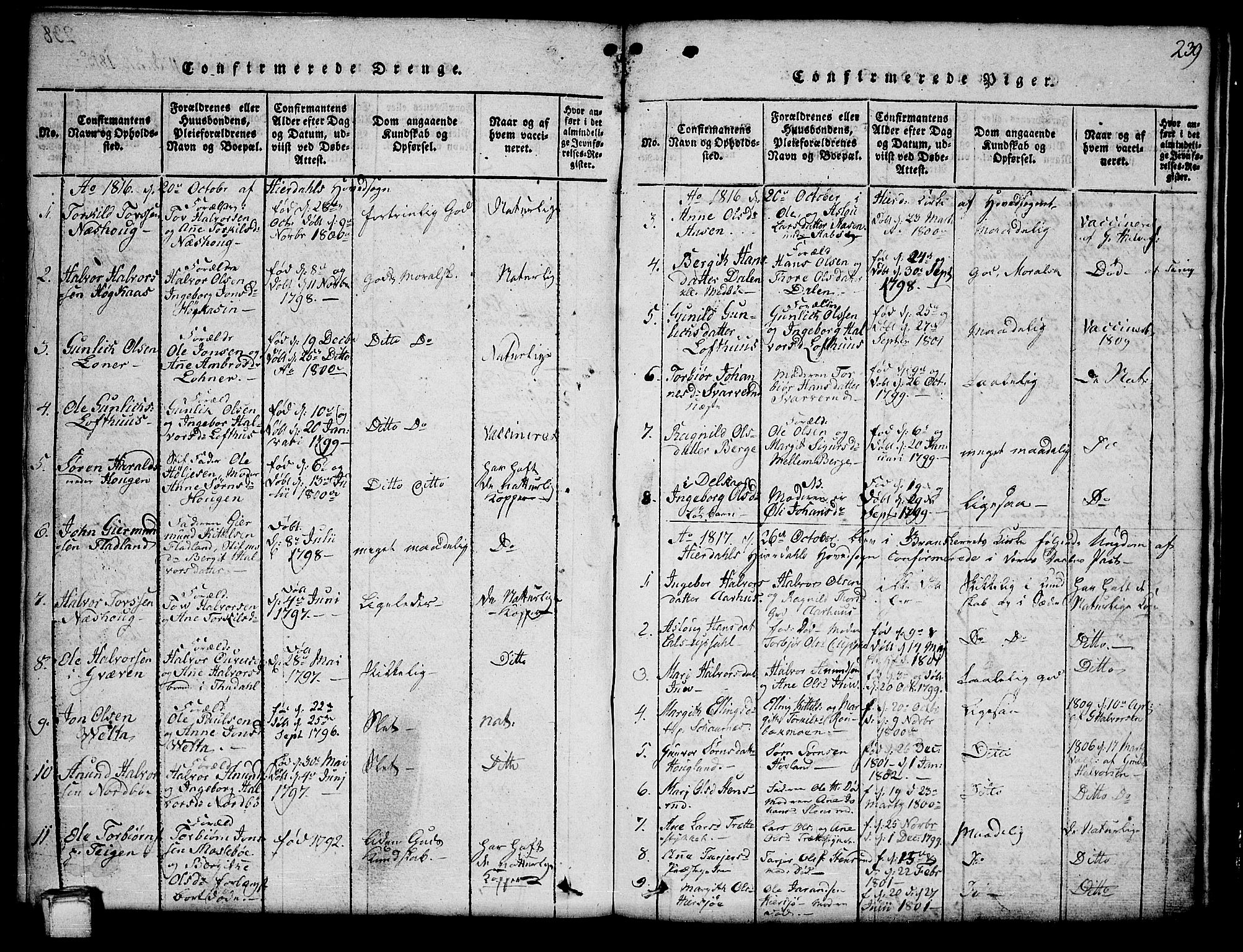 Hjartdal kirkebøker, SAKO/A-270/G/Ga/L0001: Parish register (copy) no. I 1, 1815-1842, p. 239