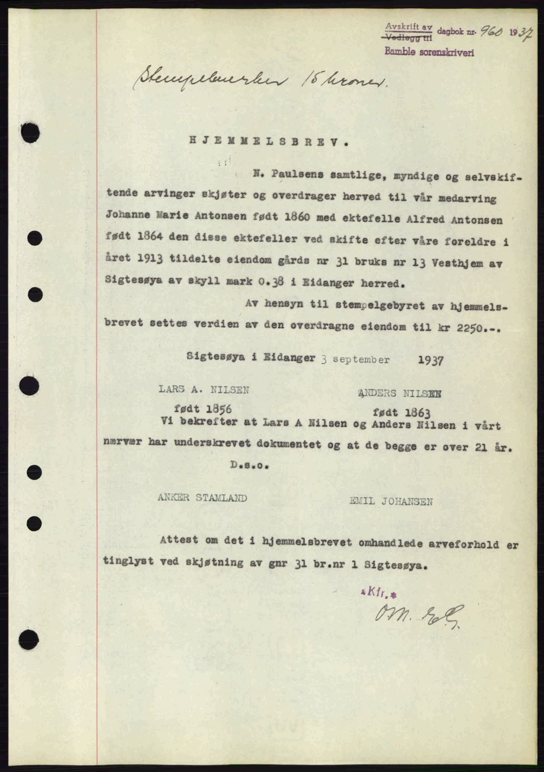 Bamble sorenskriveri, AV/SAKO-A-214/G/Ga/Gag/L0002: Mortgage book no. A-2, 1937-1938, Diary no: : 960/1937