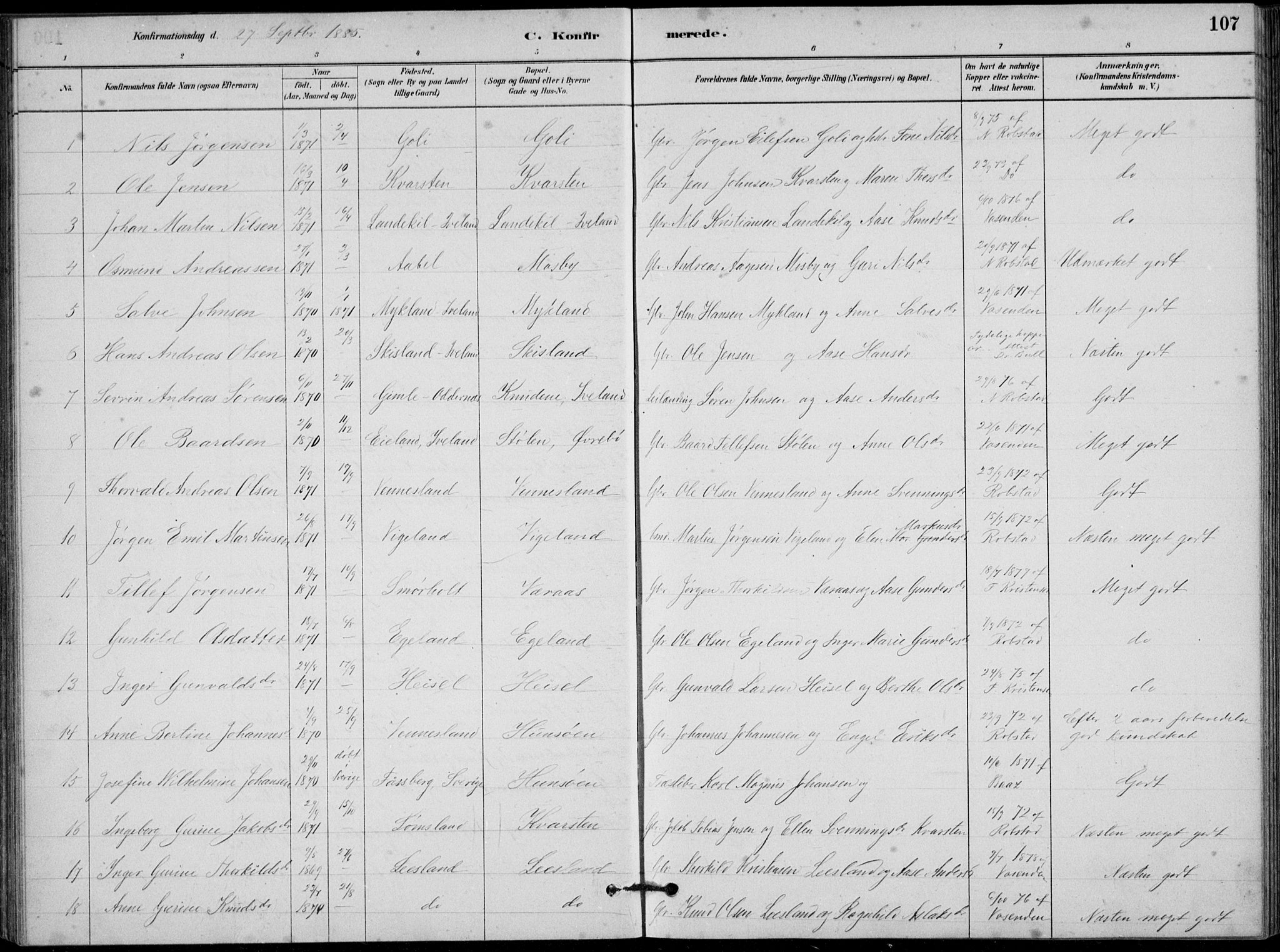 Vennesla sokneprestkontor, AV/SAK-1111-0045/Fb/Fbb/L0003: Parish register (copy) no. B 3, 1879-1893, p. 107